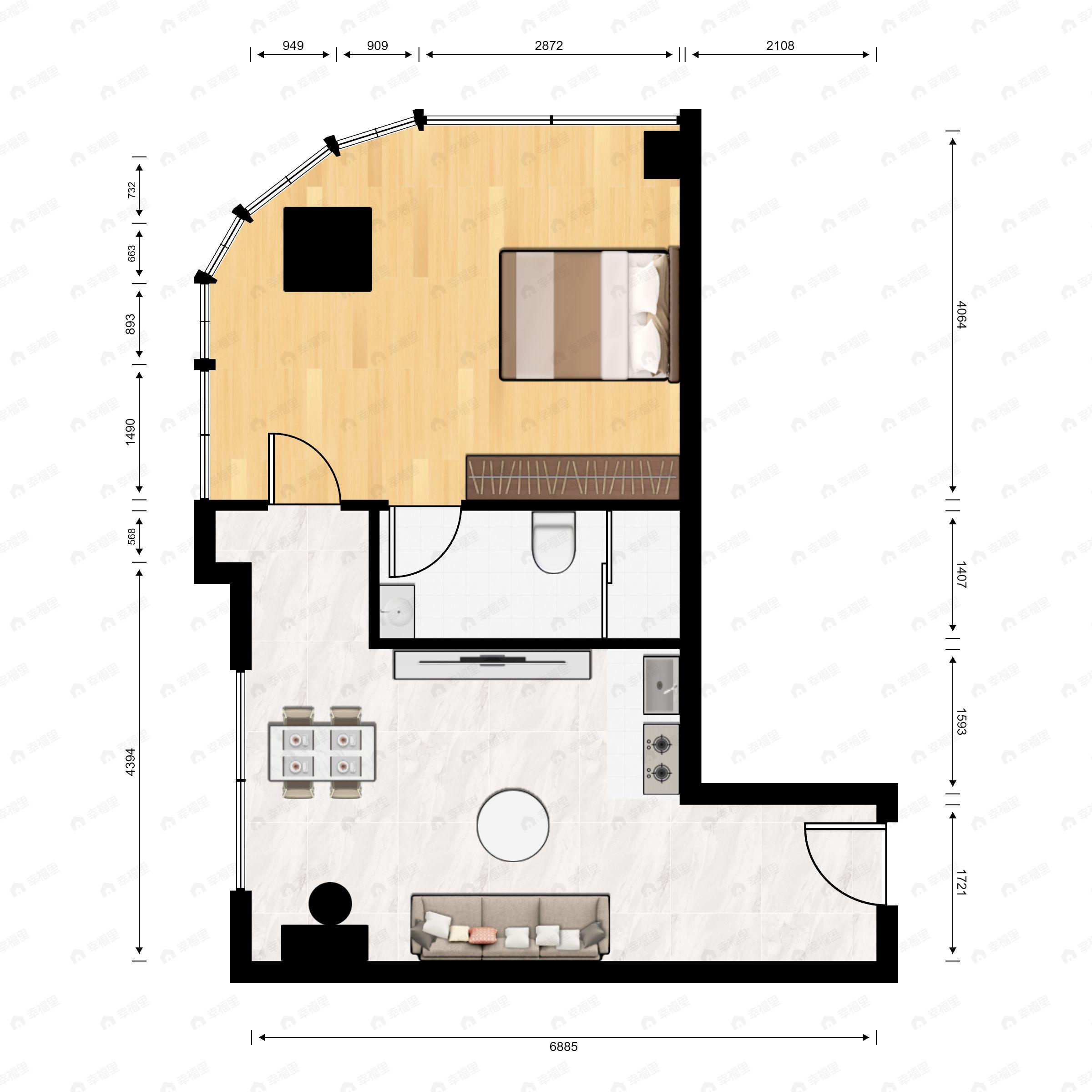 1室1厅1卫建面61m²南户型图