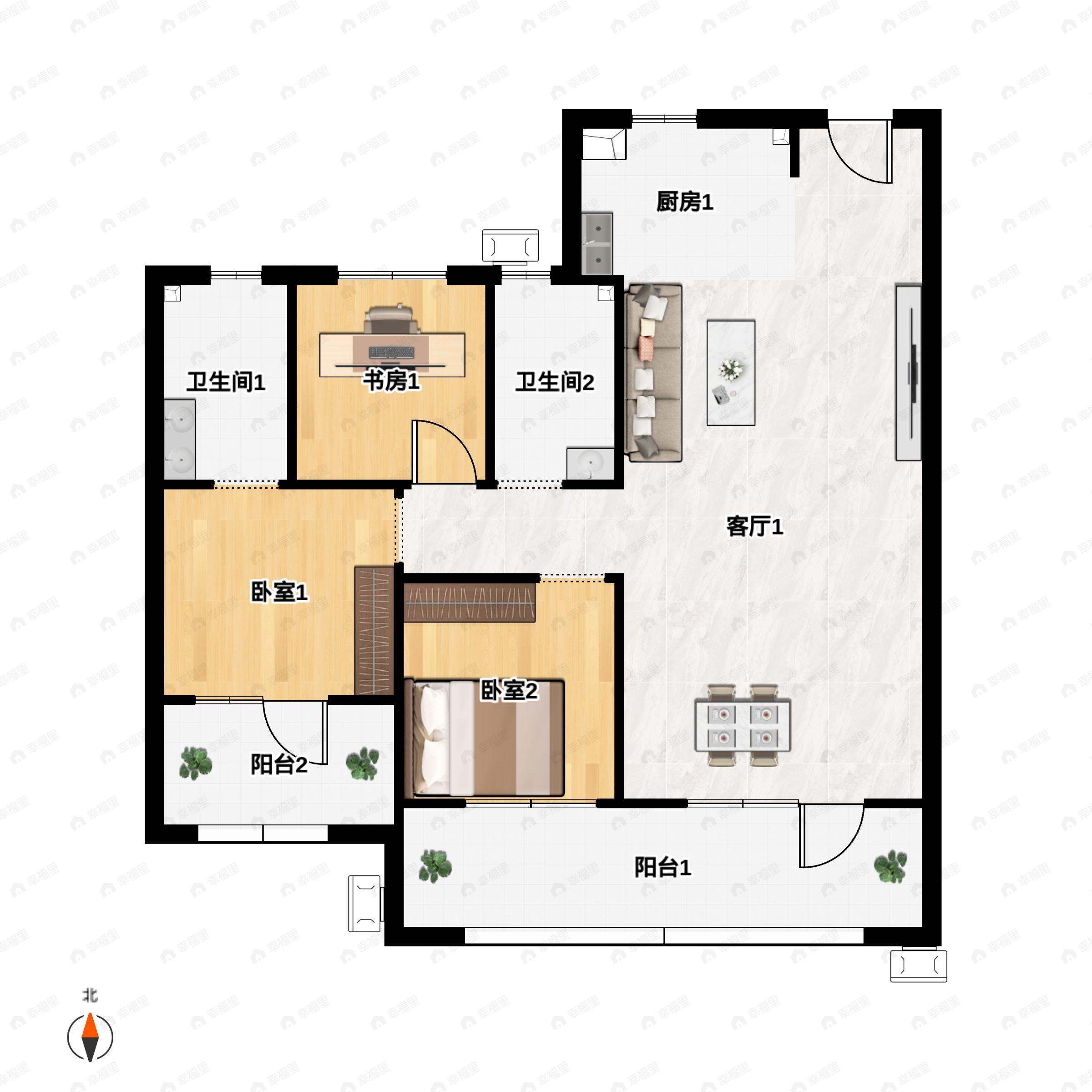 3室2厅2卫建面119m²南户型图