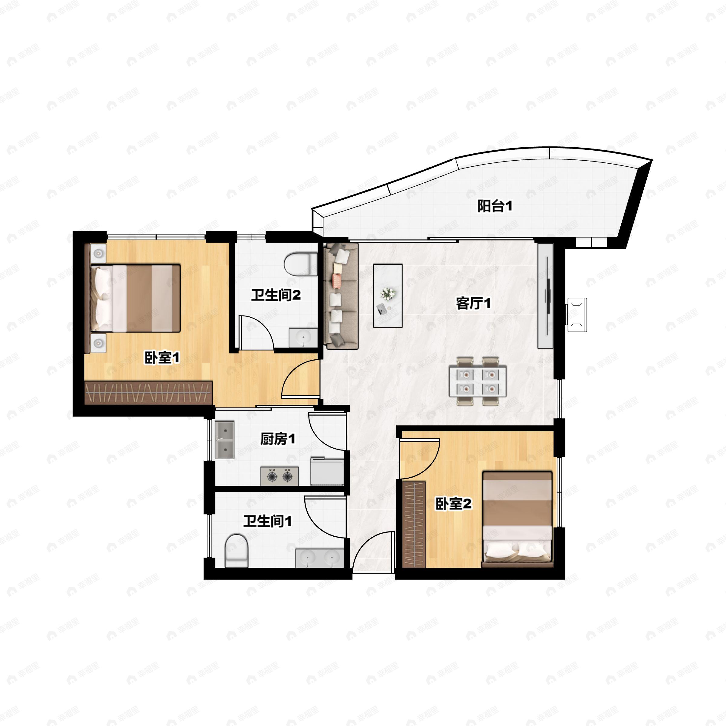 2室2厅1卫建面68平南户型图