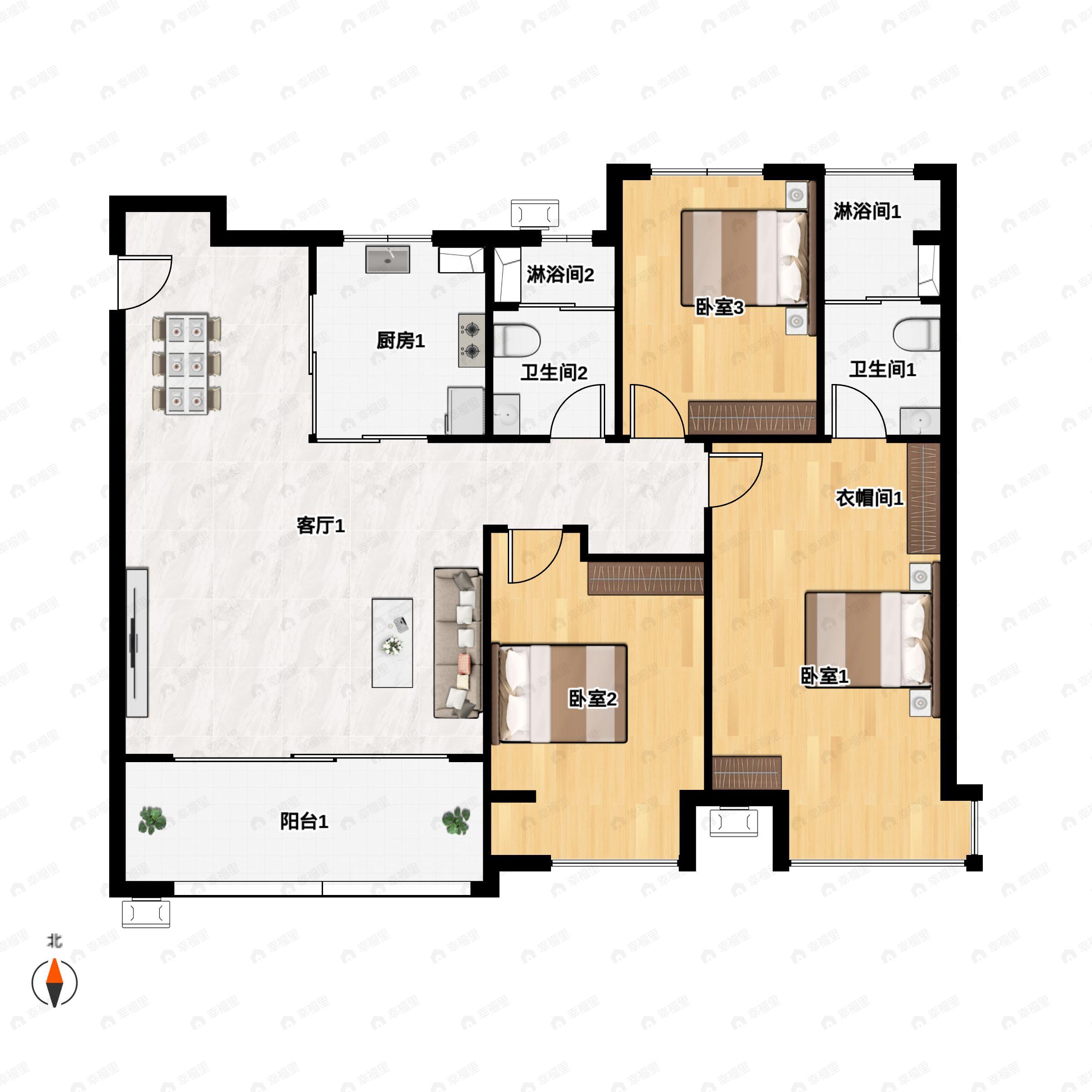 3室2厅2卫建面116m²北|南户型图