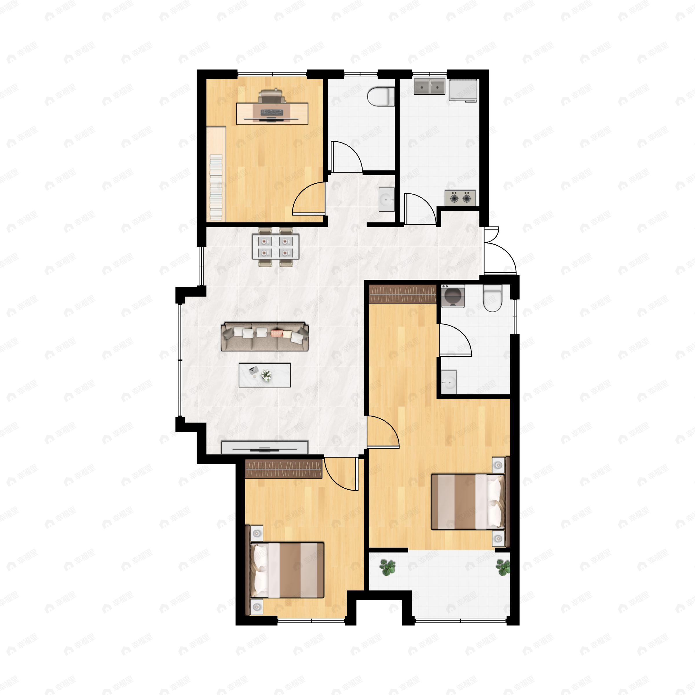 3室2厅2卫建面128m²南户型图