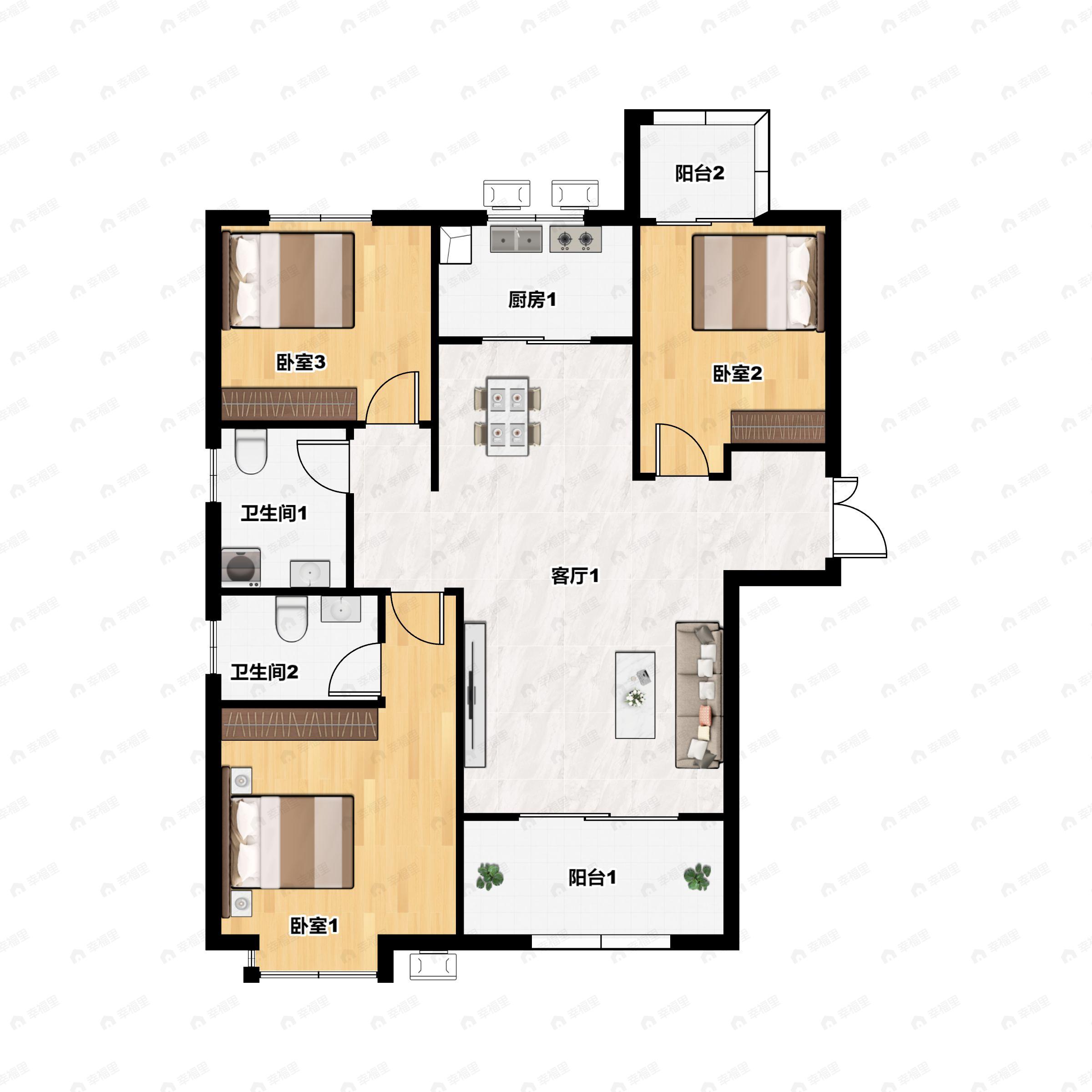 3室2厅2卫建面118m²南户型图