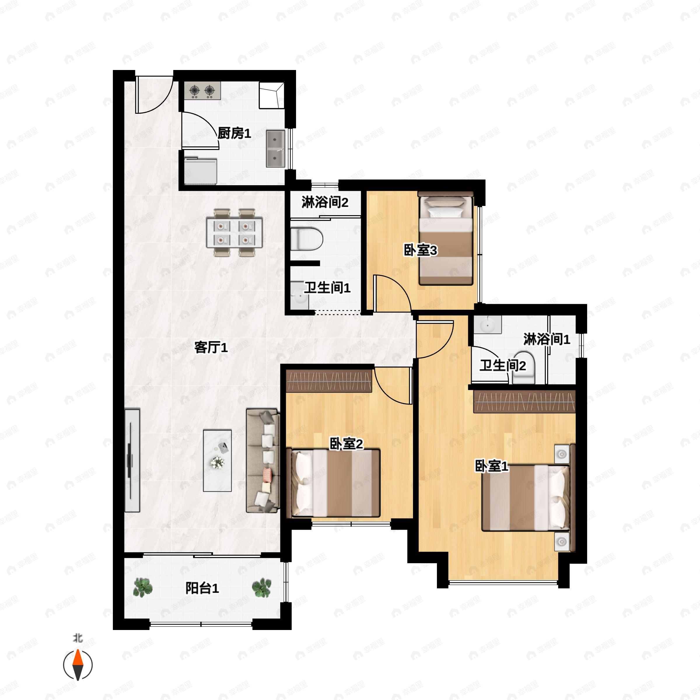 3室2厅2卫建面109平南户型图