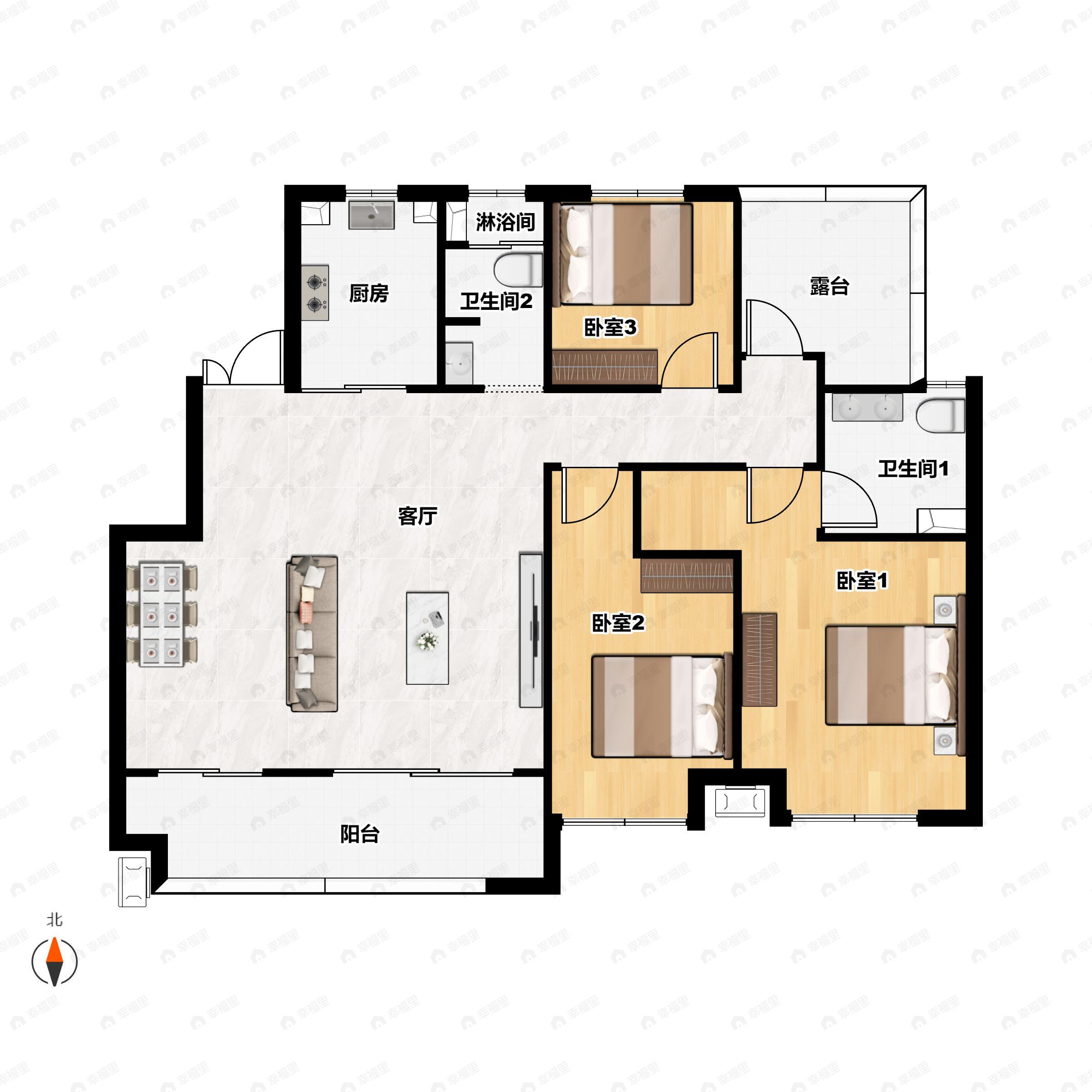 3室2厅2卫建面131平南户型图