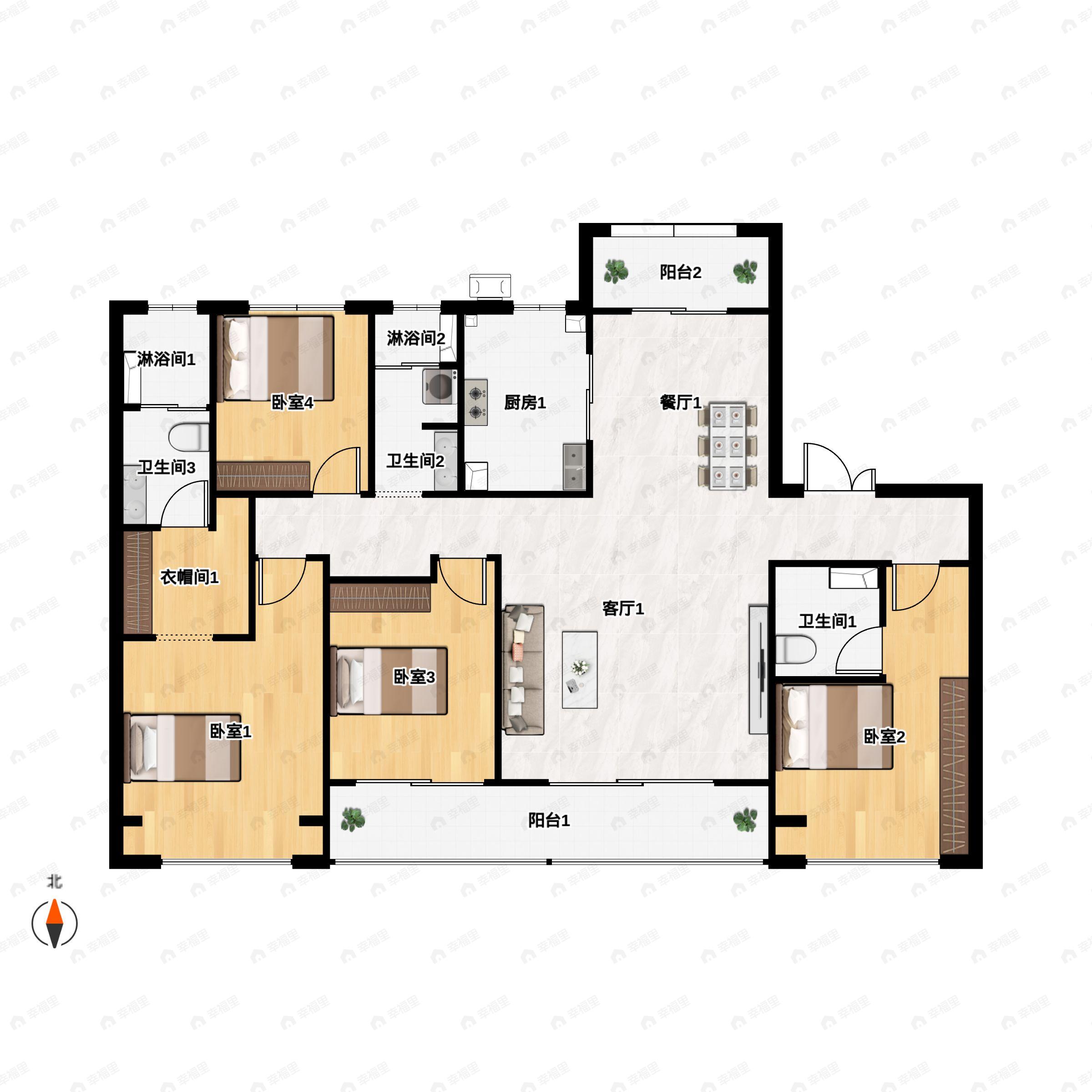 4室2厅3卫建面136平南户型图