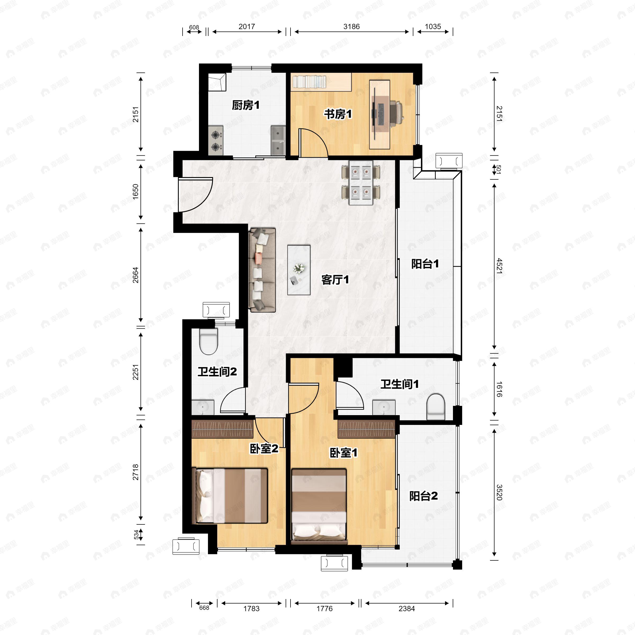 3室2厅2卫建面125平南|北户型图
