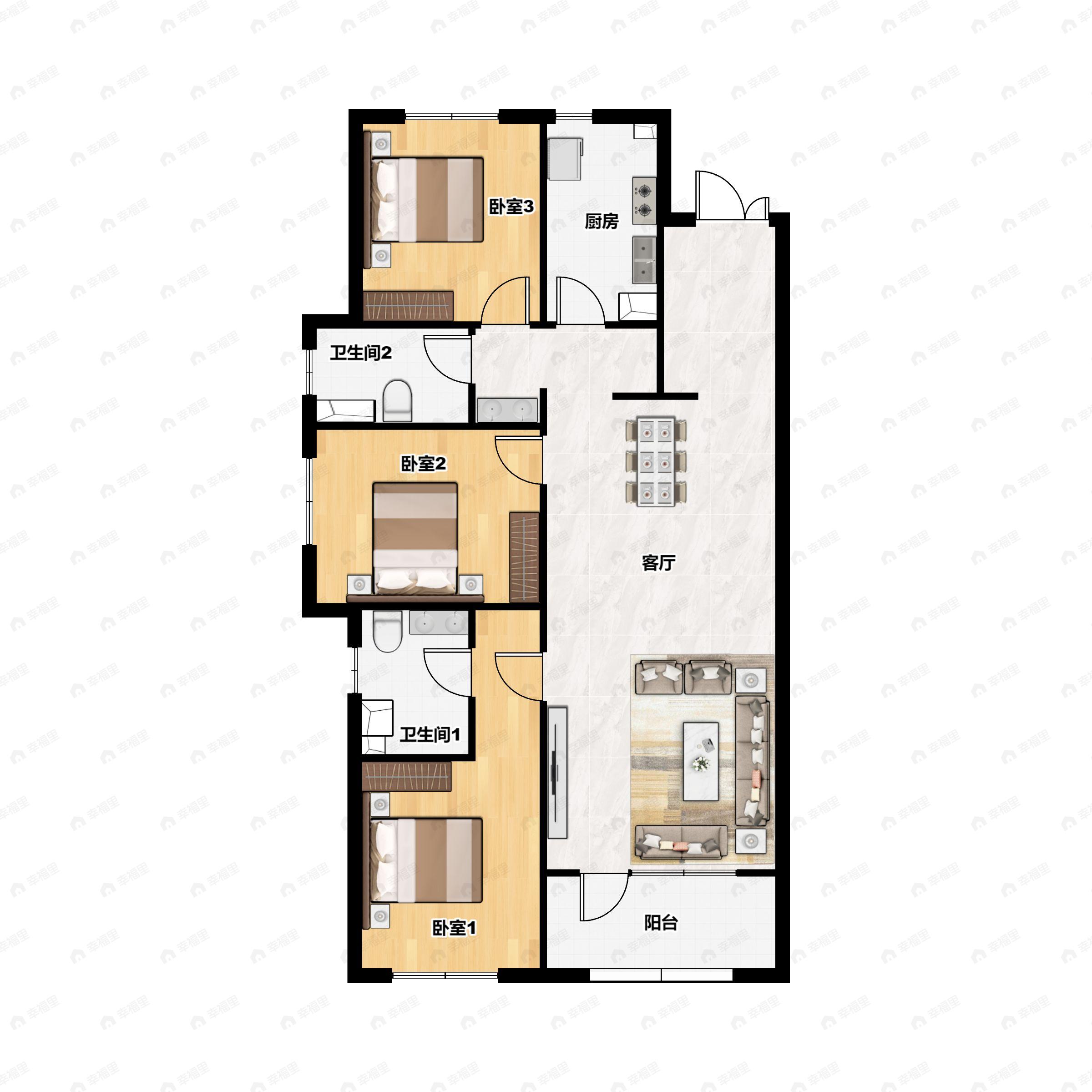 3室2厅2卫建面129平北|南户型图