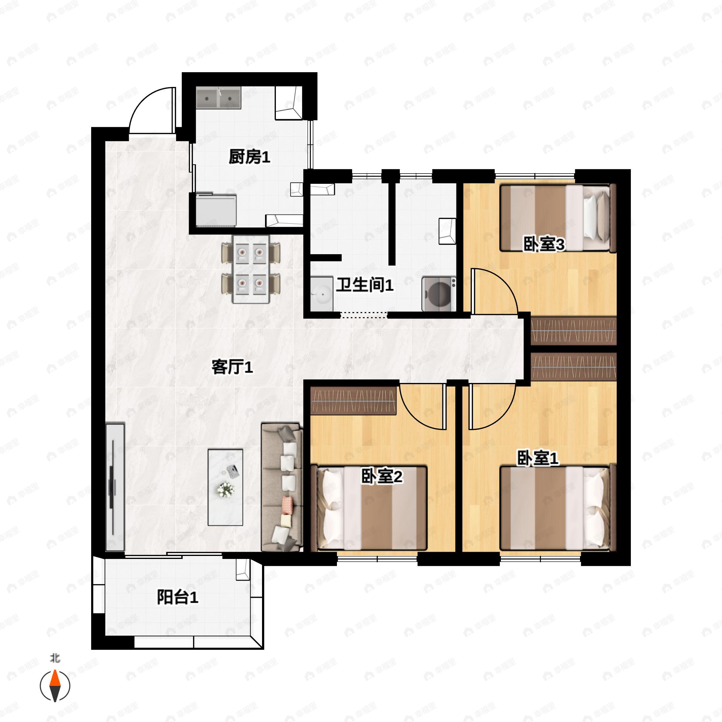 3室2厅1卫建面98m²西北户型图