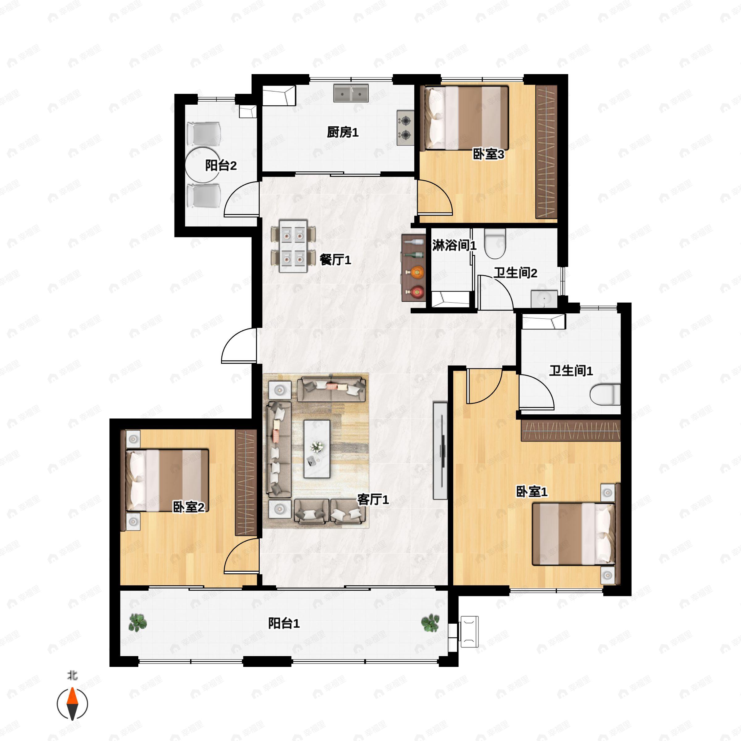 3室2厅2卫建面120m²南|北户型图