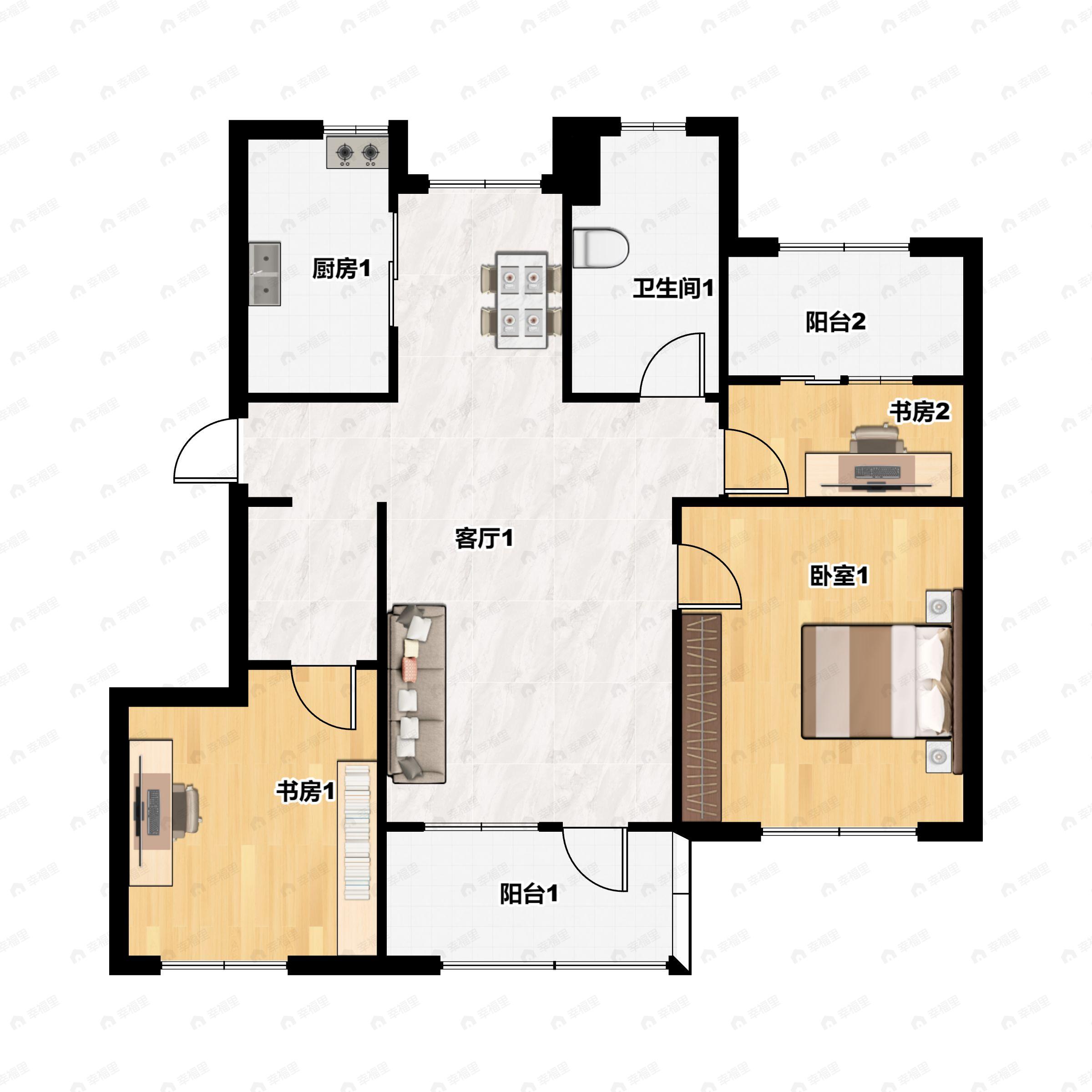3室2厅1卫建面98平北|南户型图