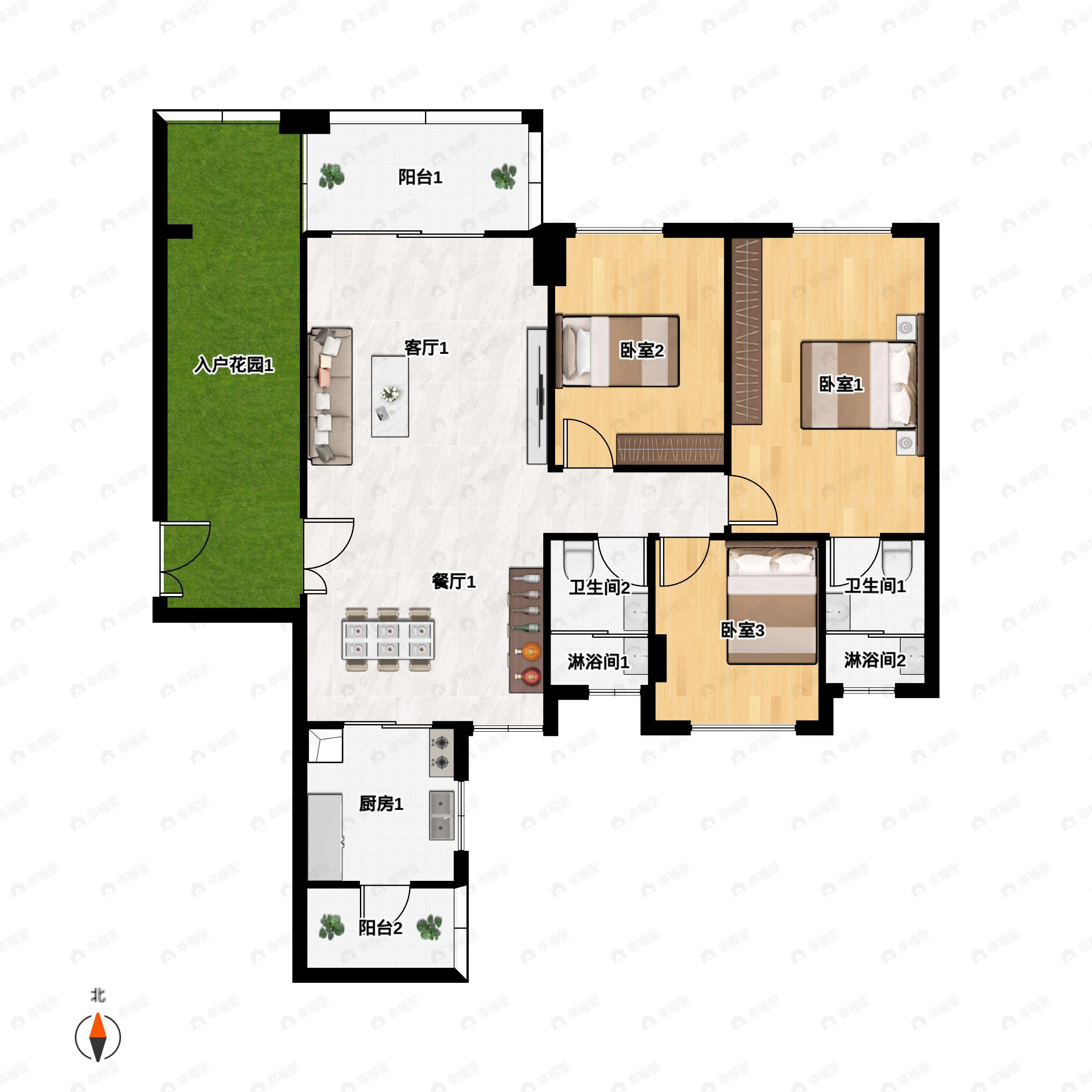 3室2厅2卫建面78m²北|南户型图