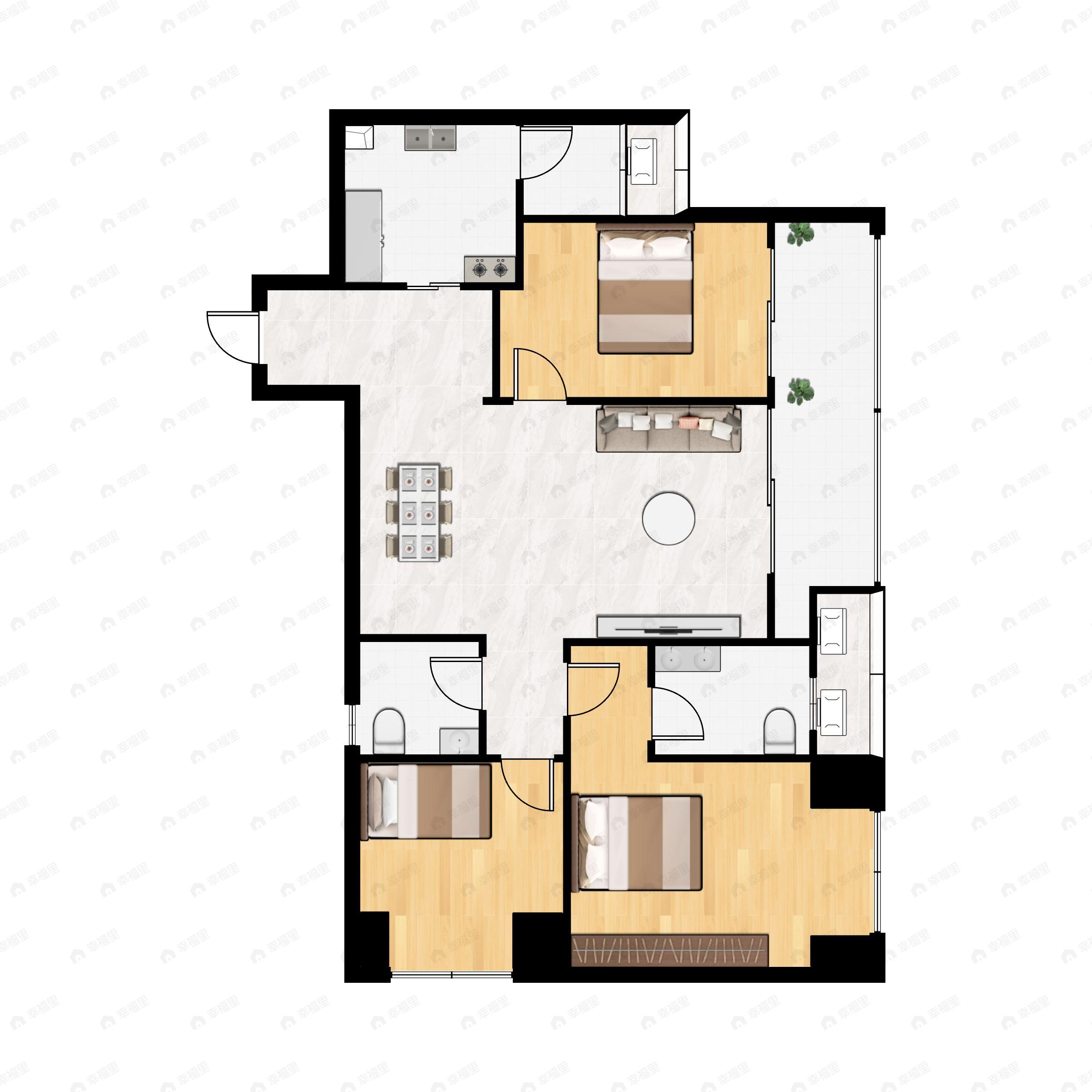 3室2厅2卫建面96m²东户型图