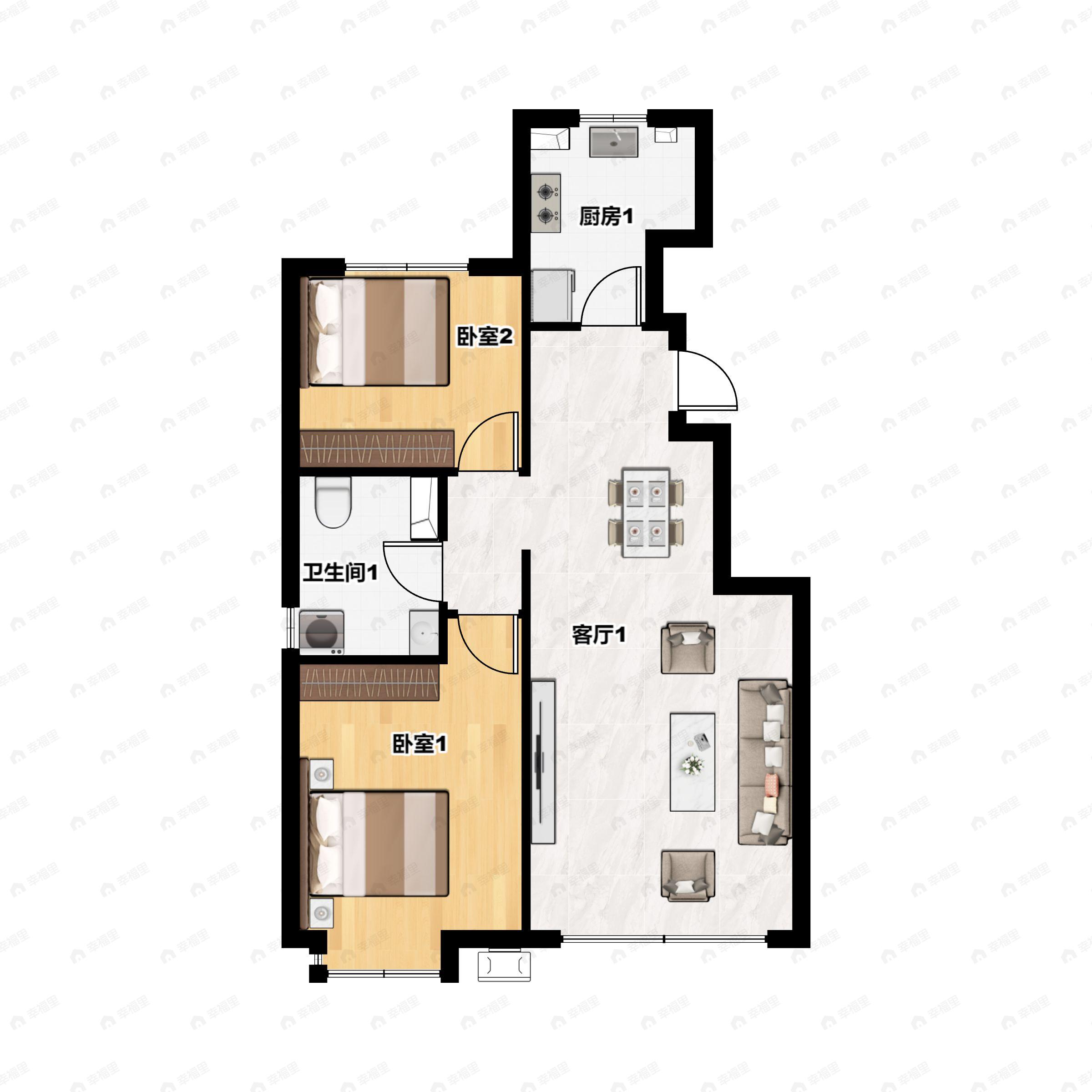 2室2厅1卫建面85m²南户型图