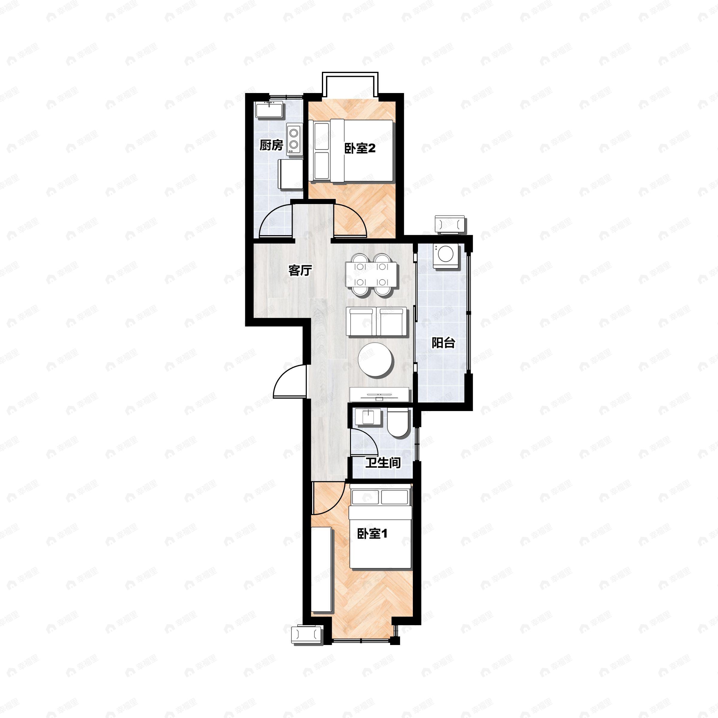 2室2厅1卫建面79m²南户型图