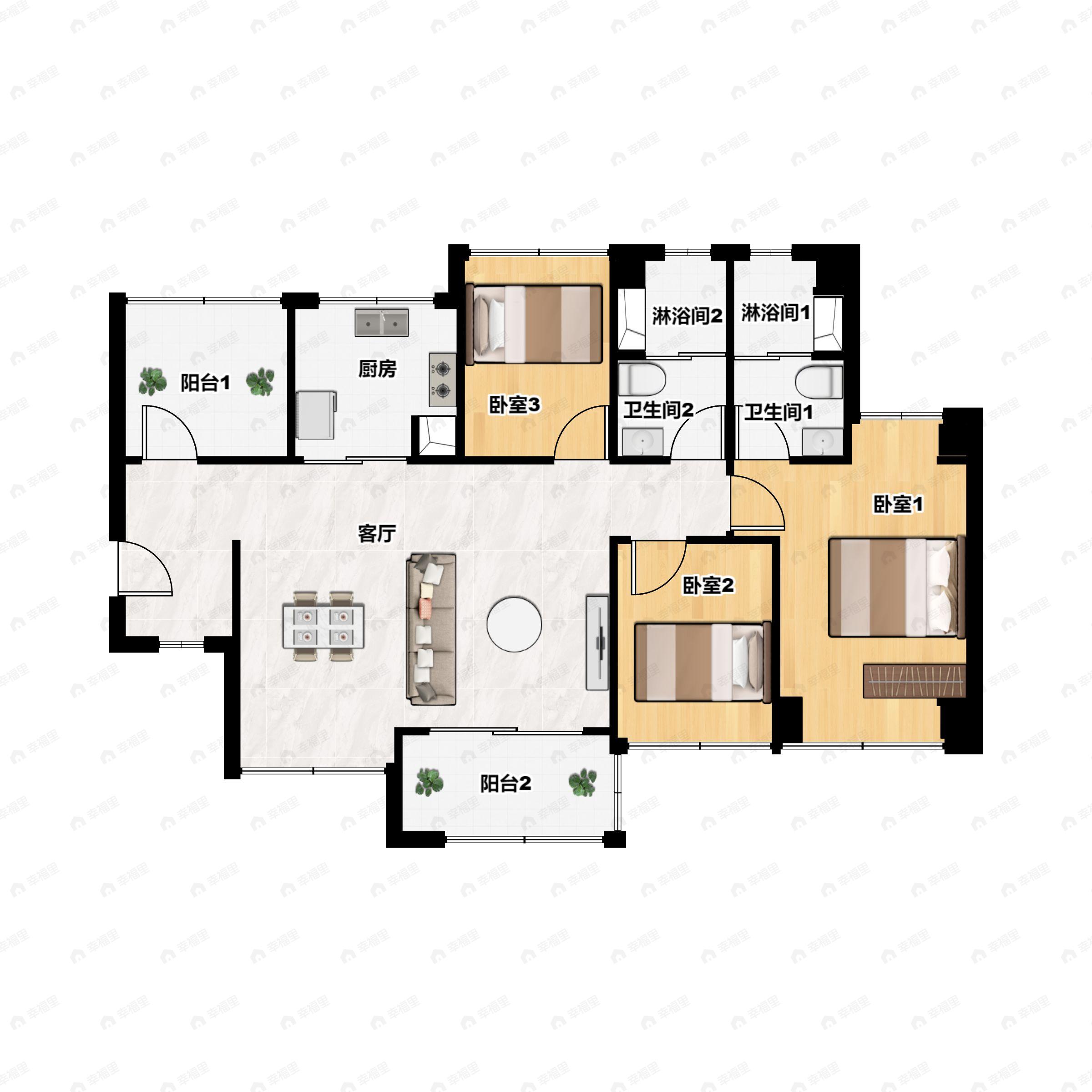 3室2厅2卫建面97平南户型图