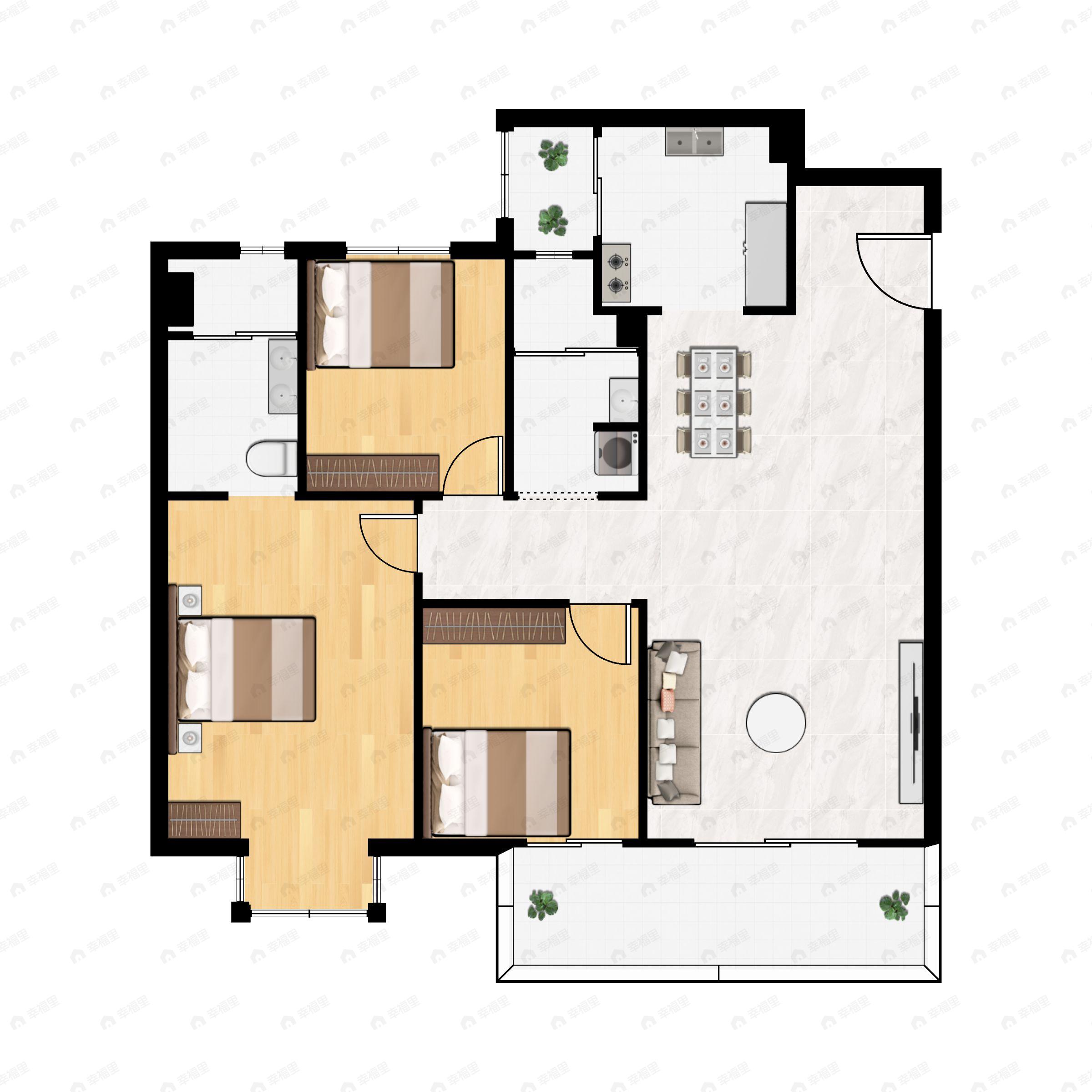 3室2厅2卫建面118m²南户型图