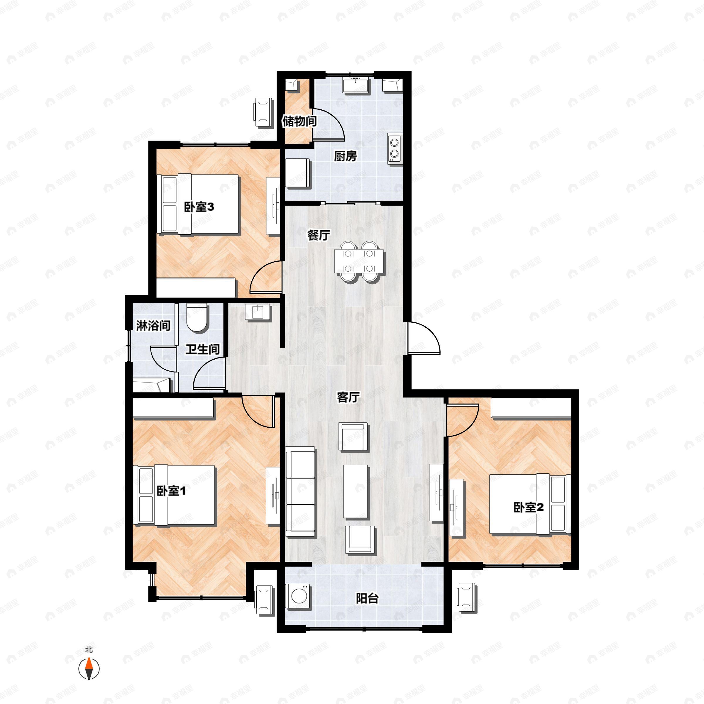 3室2厅1卫建面114平户型图