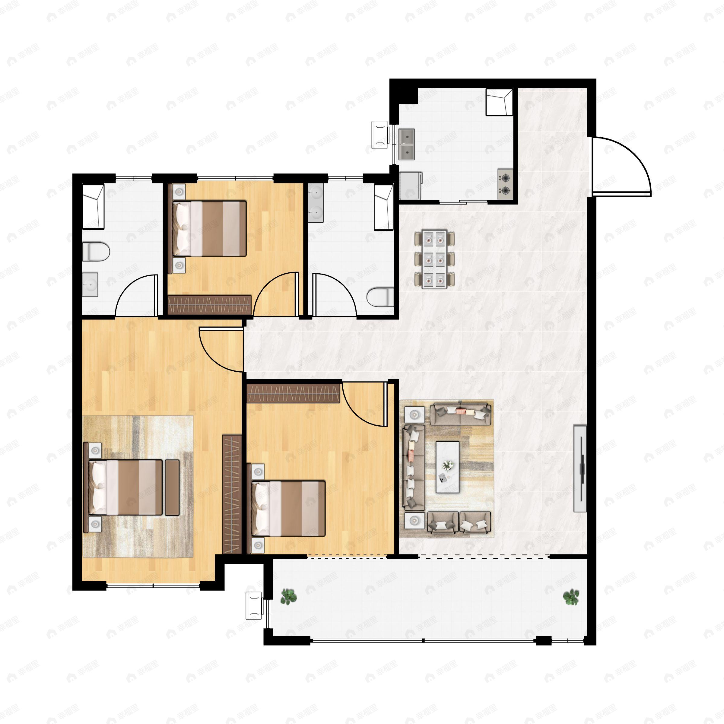 3室2厅2卫建面116m²南|北户型图