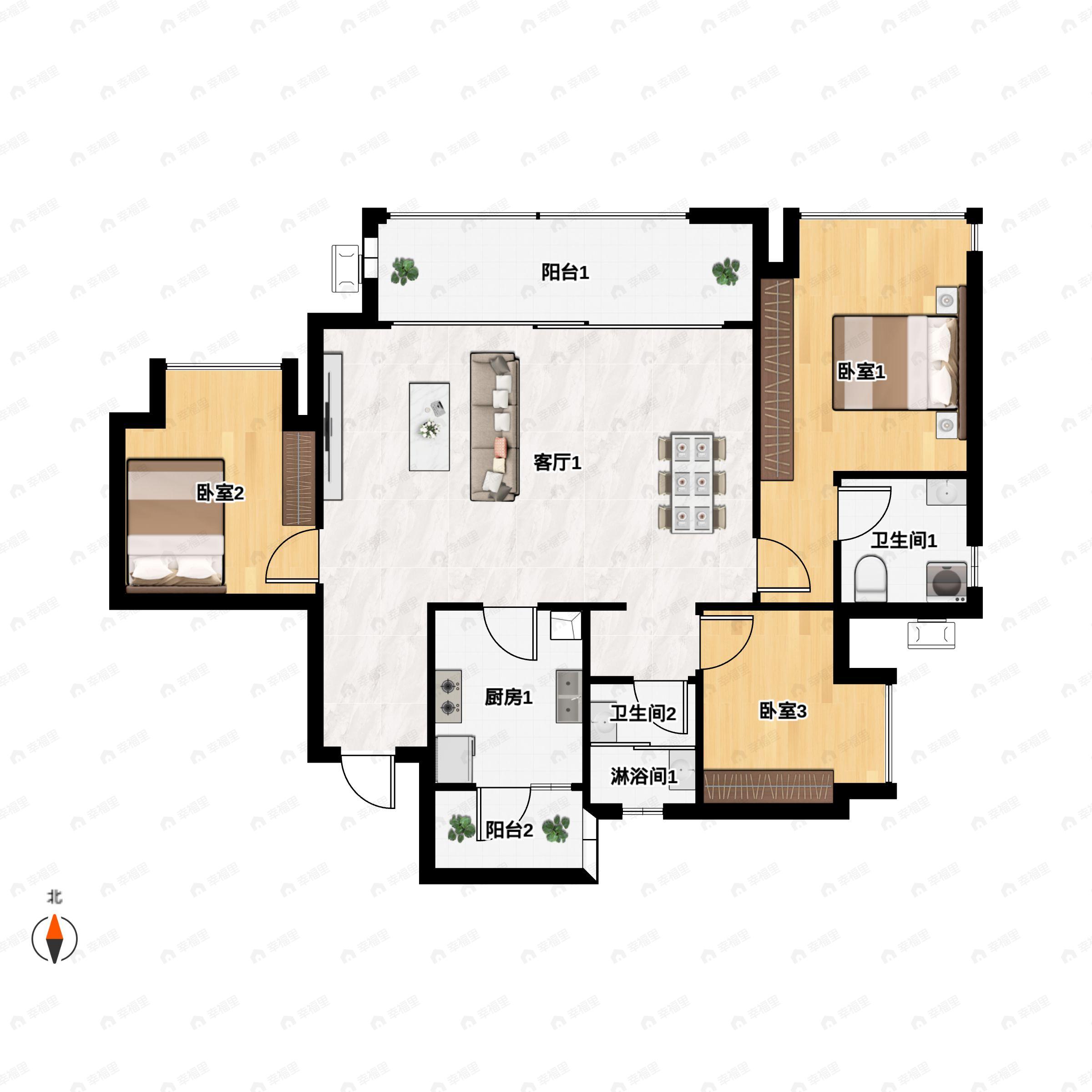 3室2厅2卫建面103m²北户型图