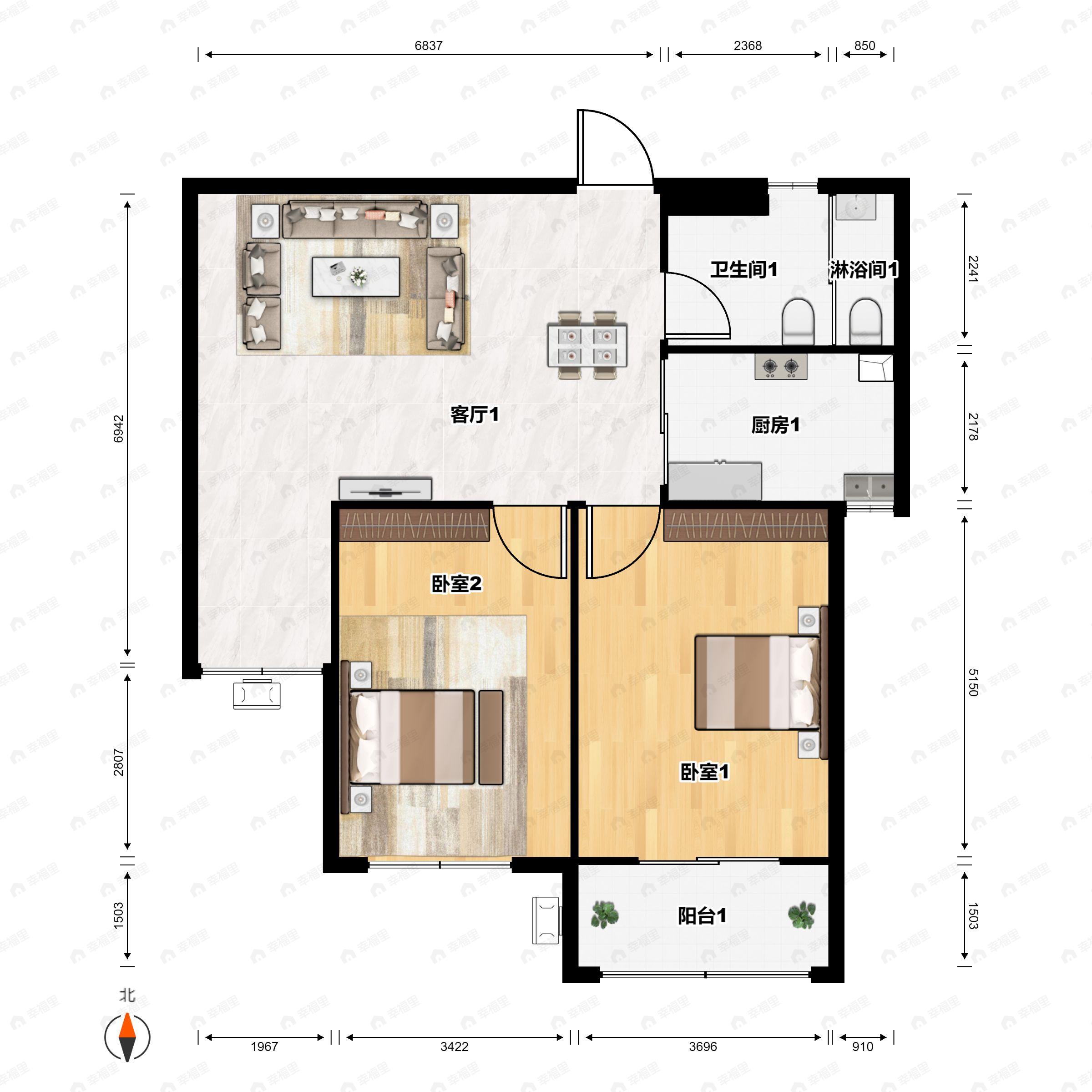 2室2厅1卫建面85m²南户型图