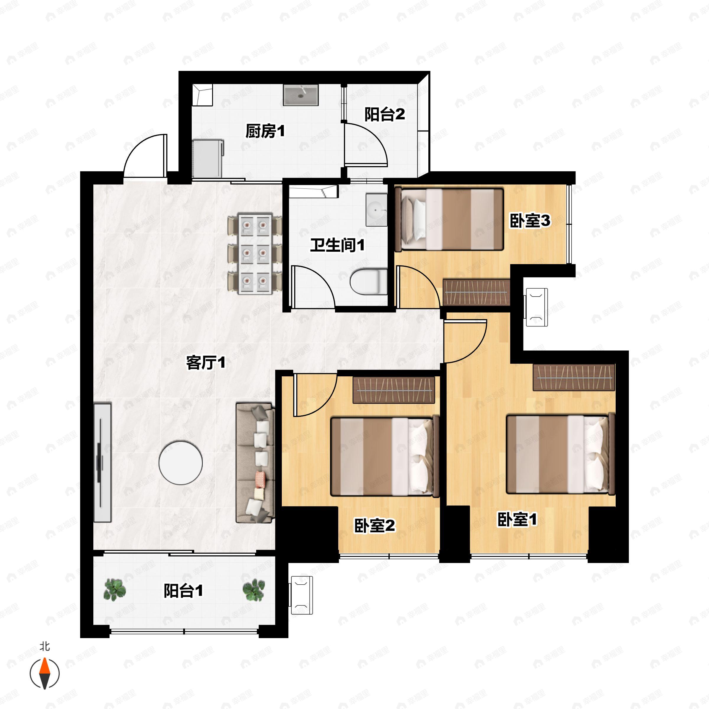 3室2厅1卫建面81平户型图
