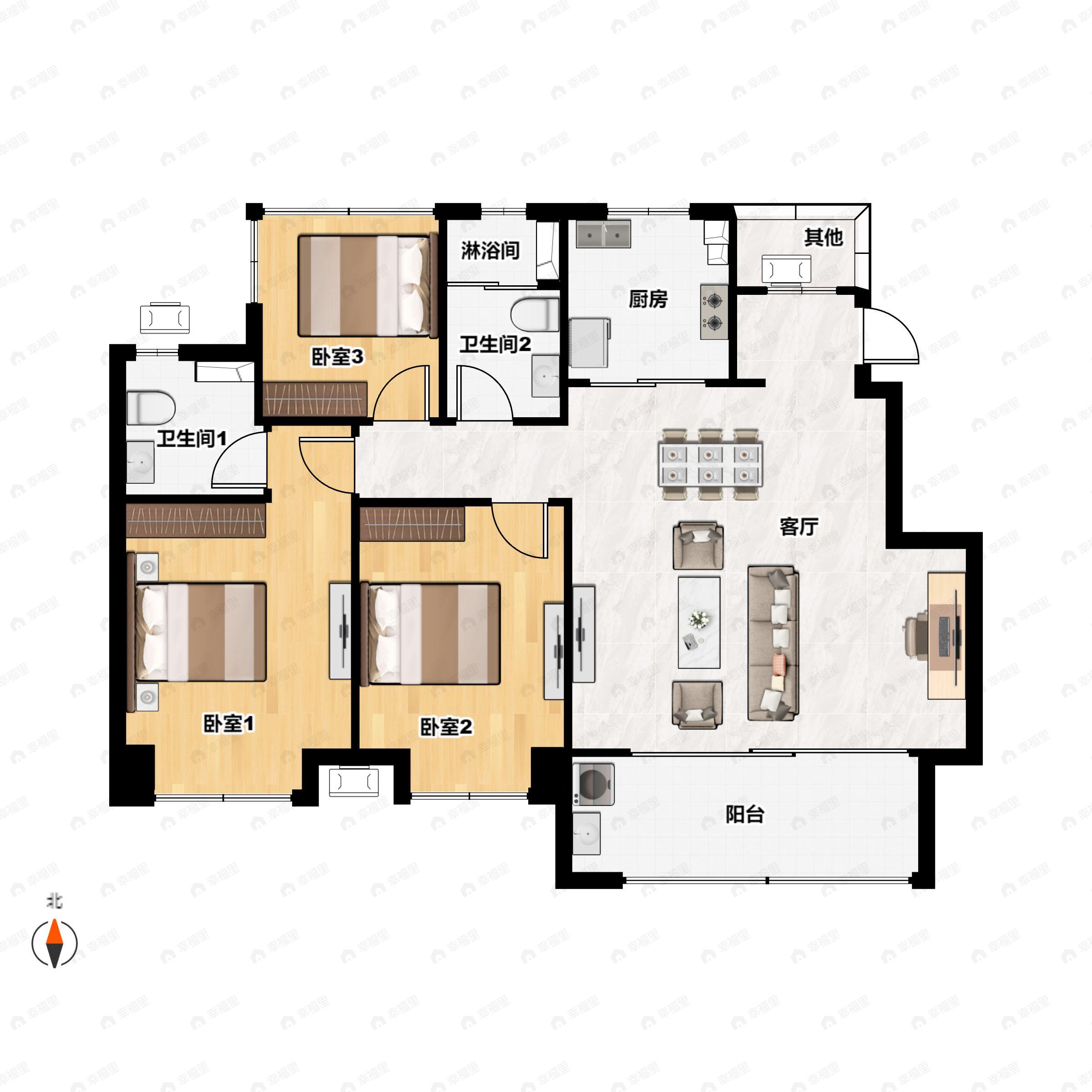 3室2厅2卫建面105平南户型图