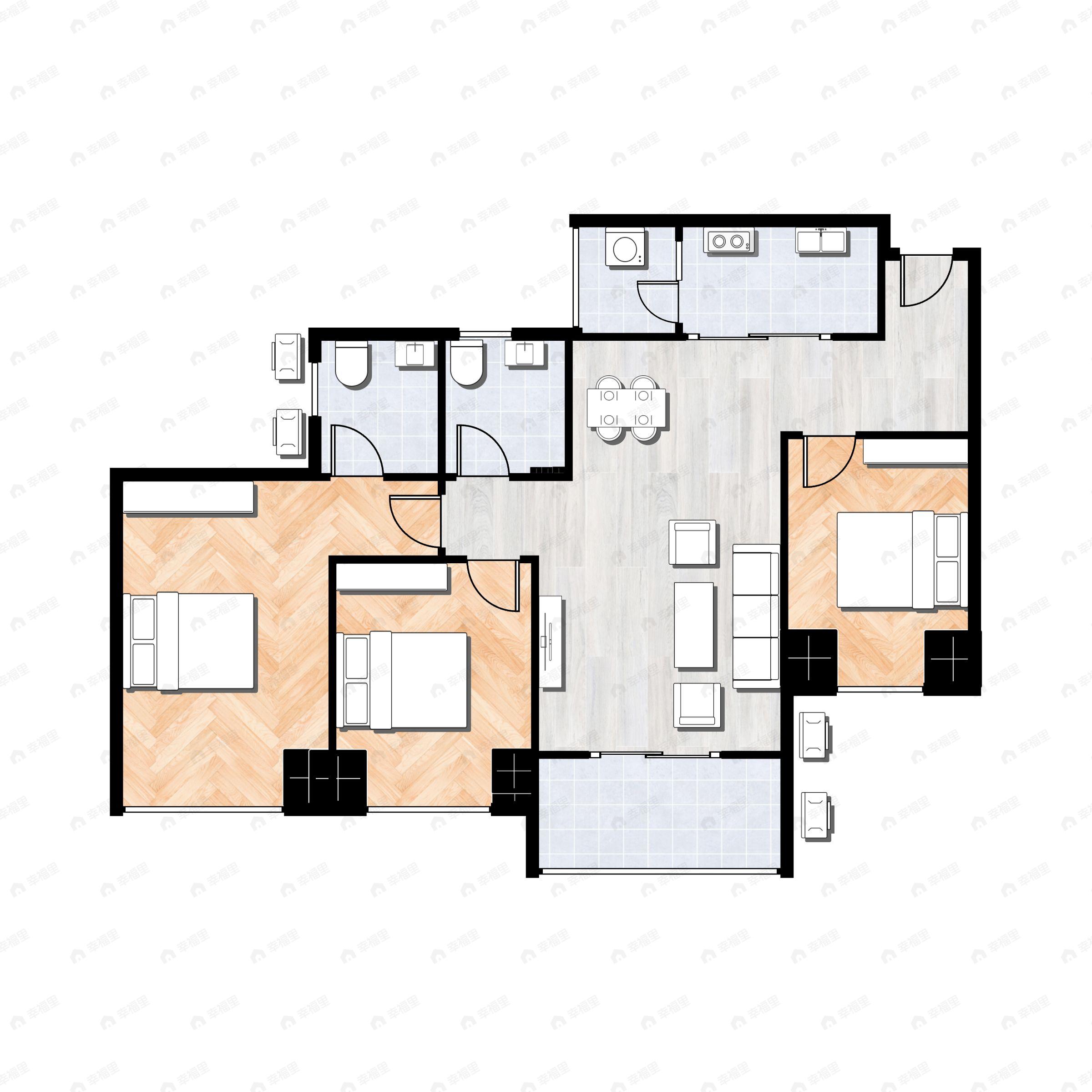 3室2厅2卫建面91平户型图