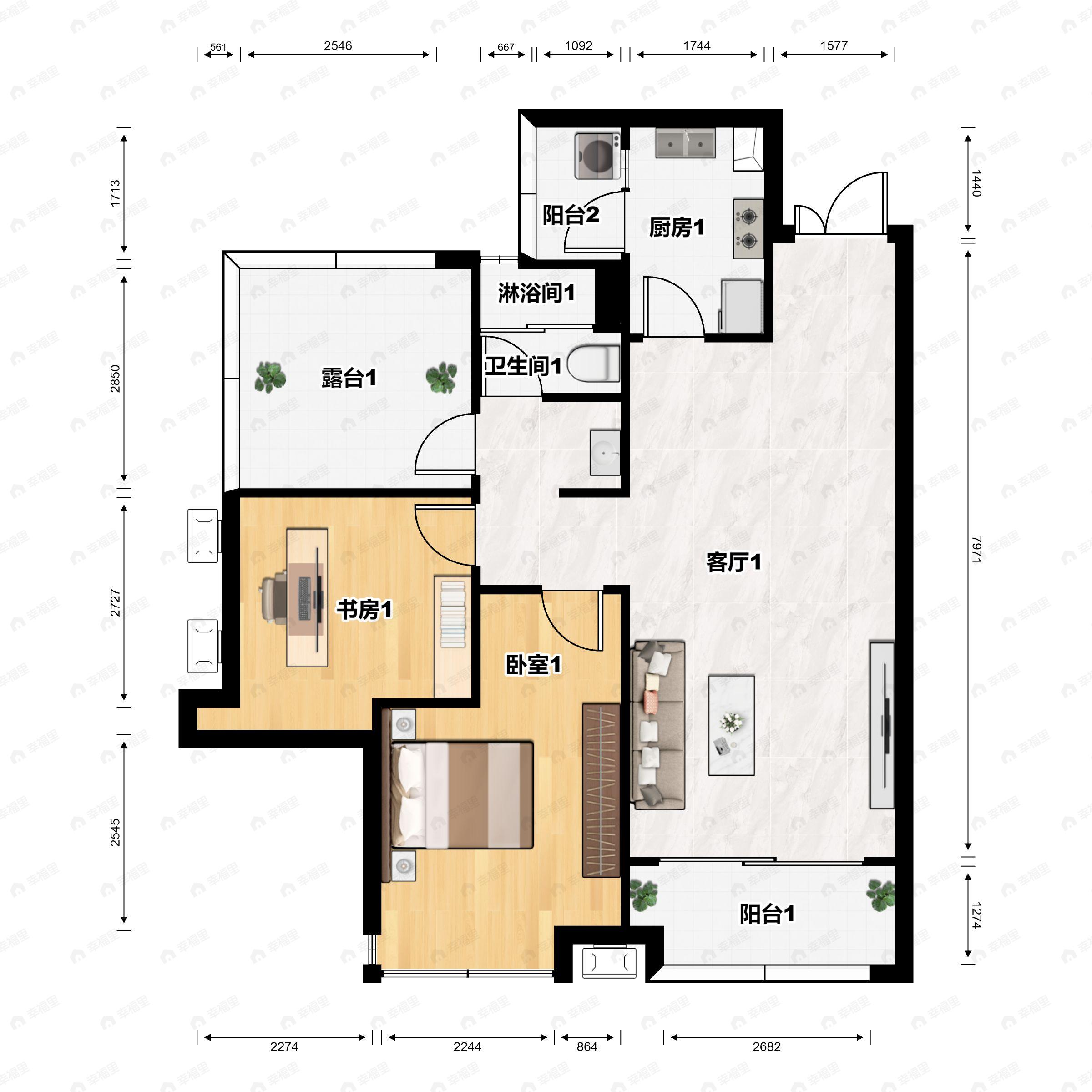 2室2厅1卫建面88m²南户型图