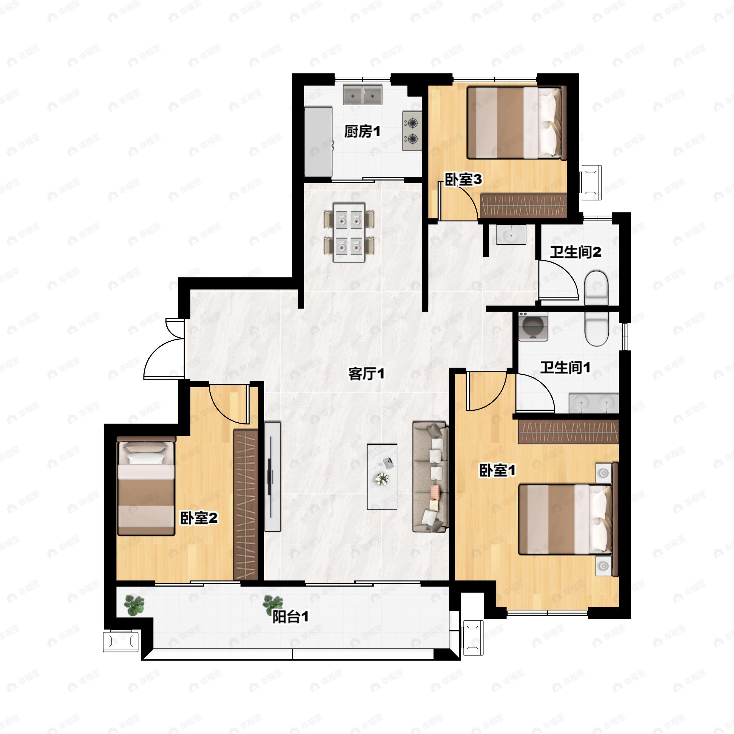 3室2厅2卫建面125m²南户型图