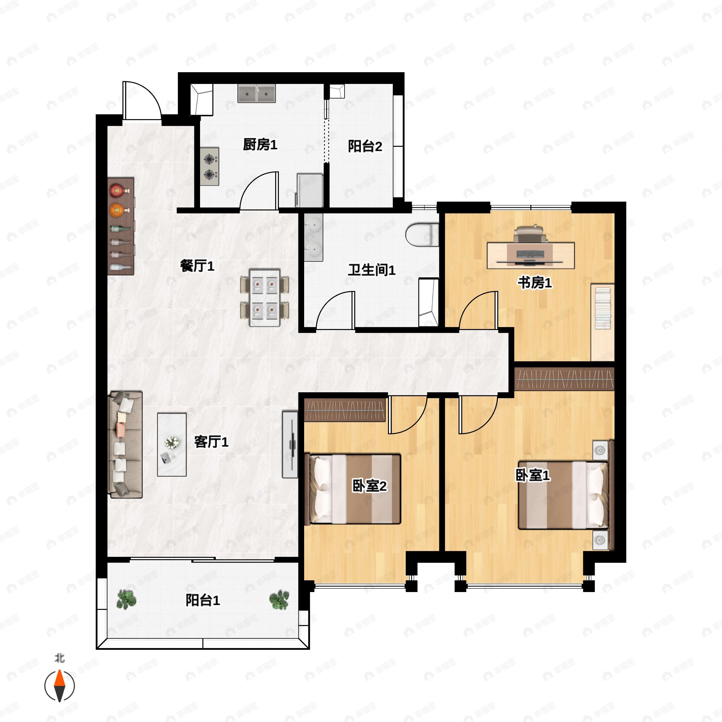 3室2厅1卫建面104平南|北户型图