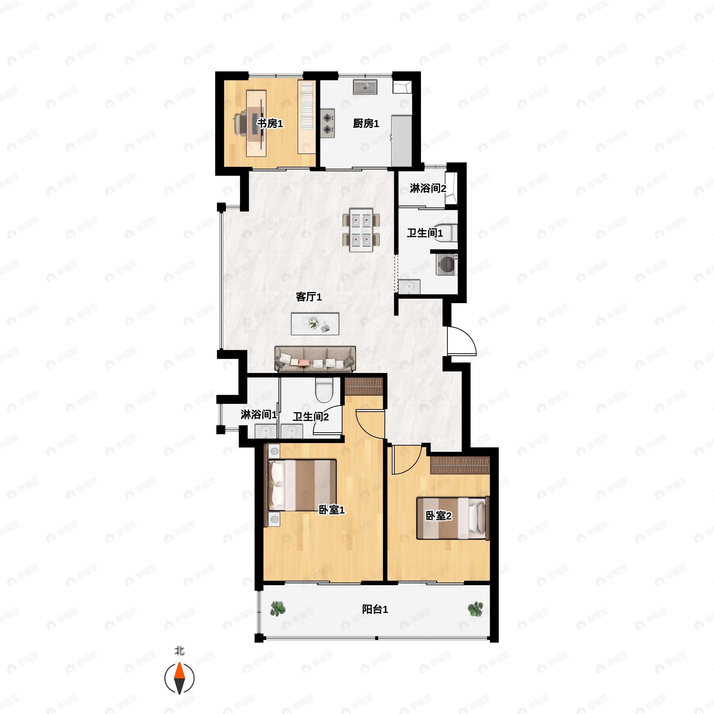 3室2厅2卫建面105m²南|北户型图