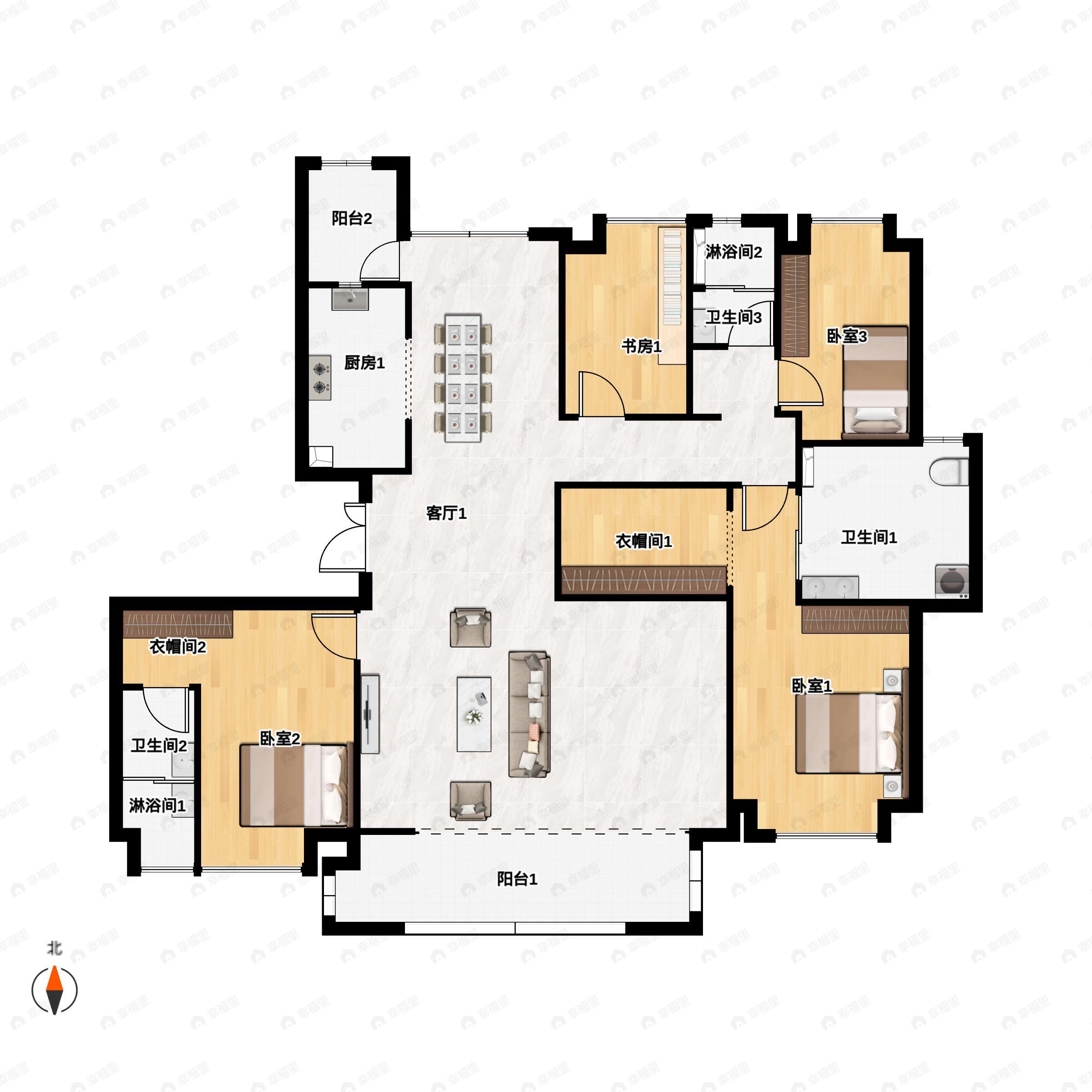 4室3厅3卫建面236平南|北户型图