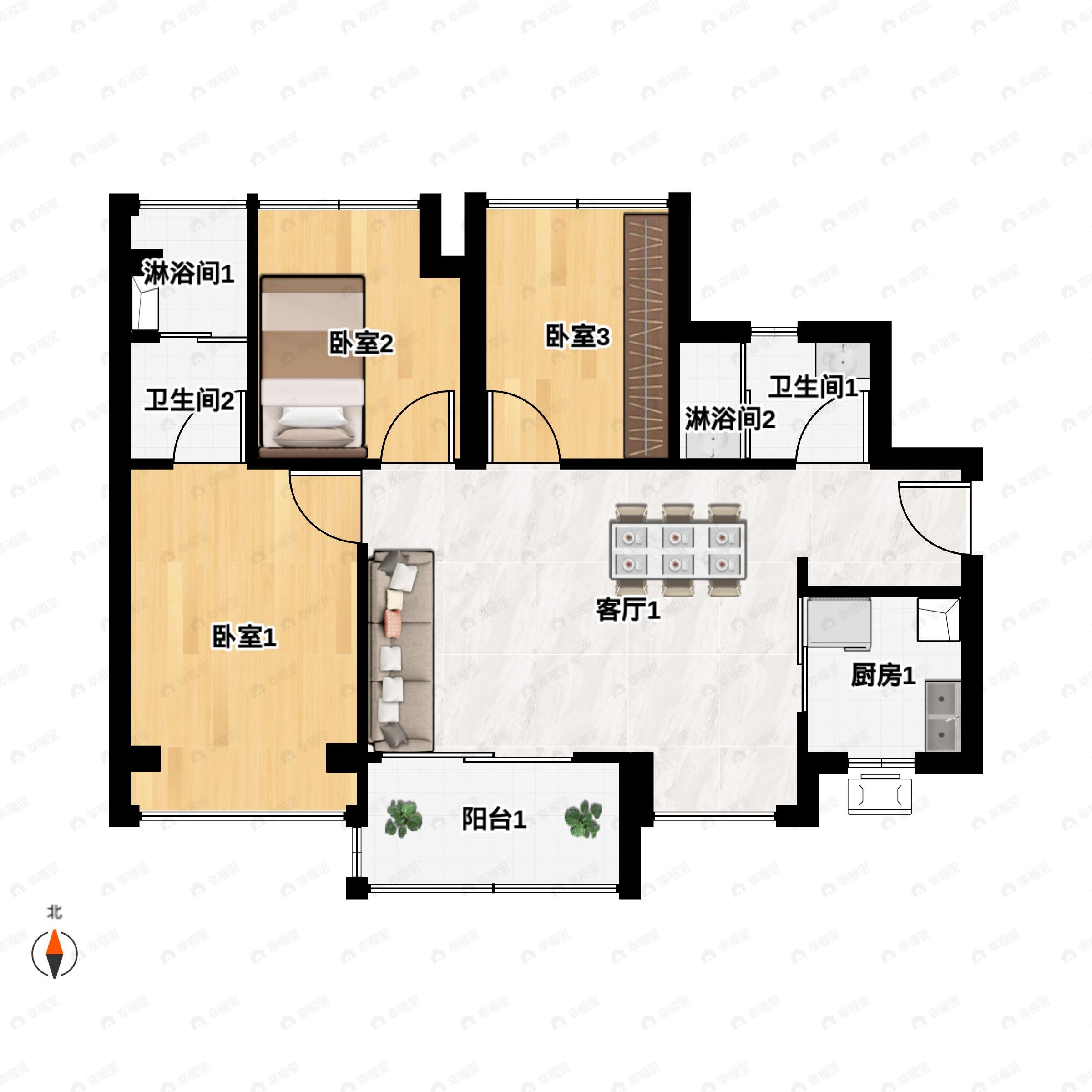 3室2厅2卫建面95平南户型图