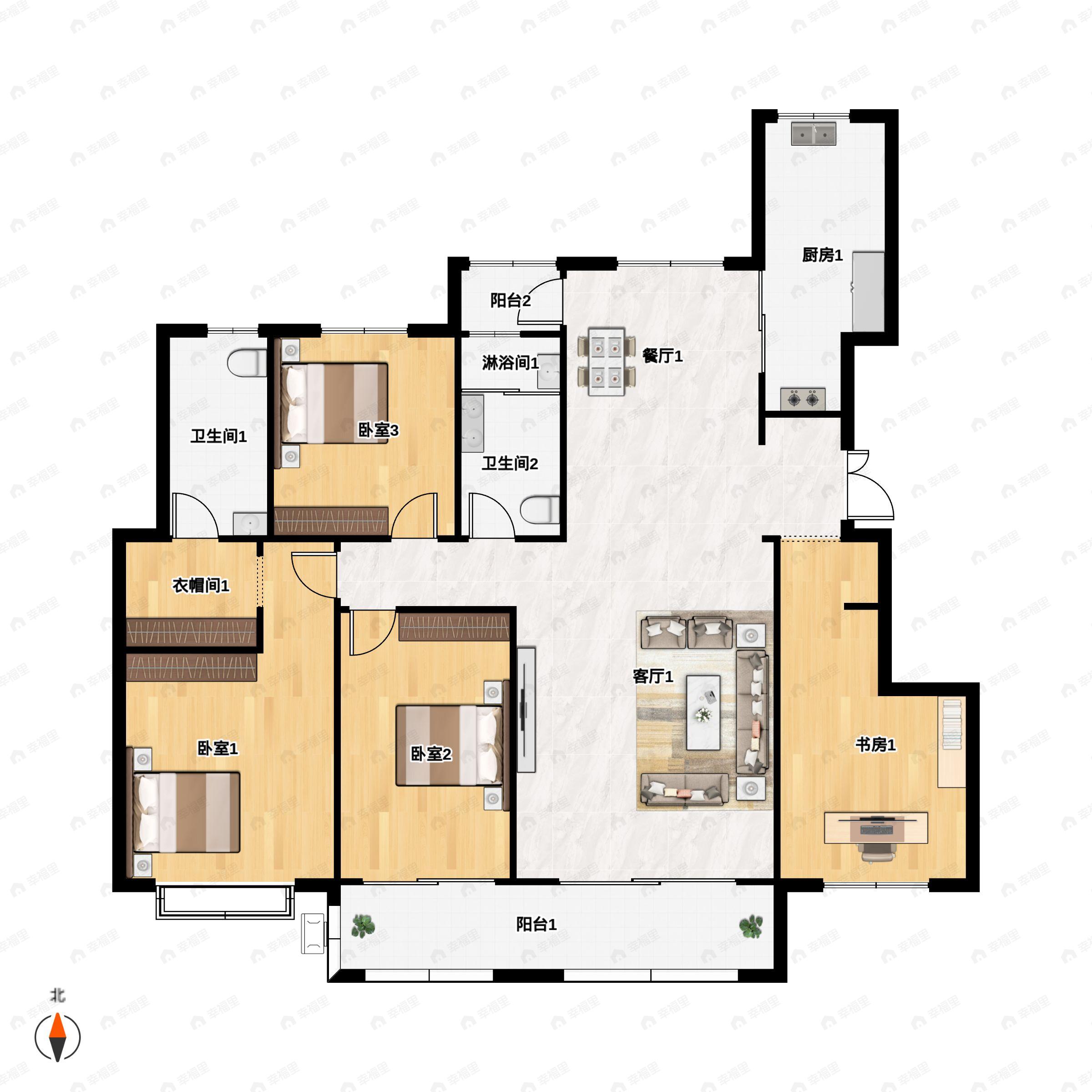 4室2厅2卫建面163平北|南户型图