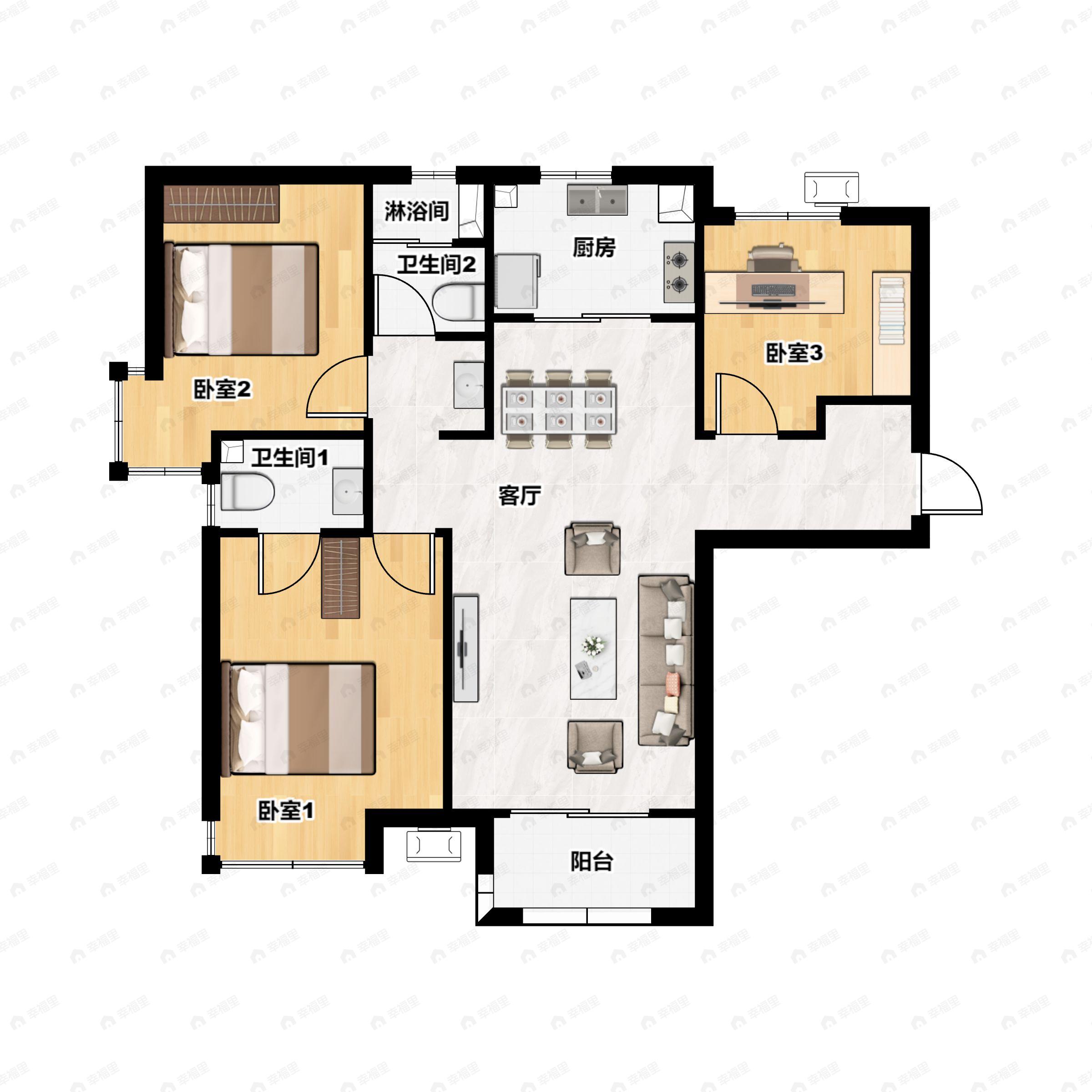 3室2厅2卫建面114平南户型图