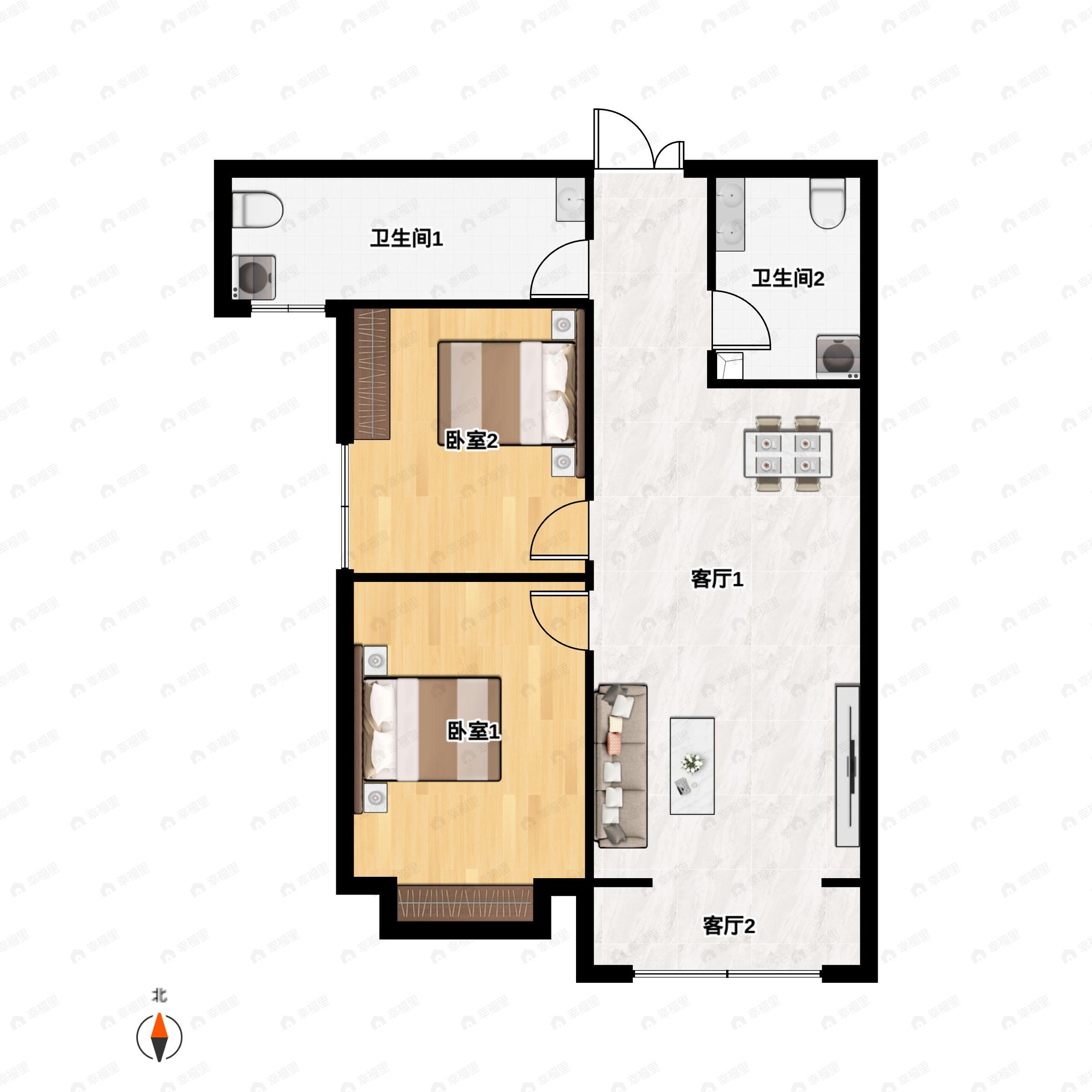 2室2厅1卫建面99m²南|北户型图