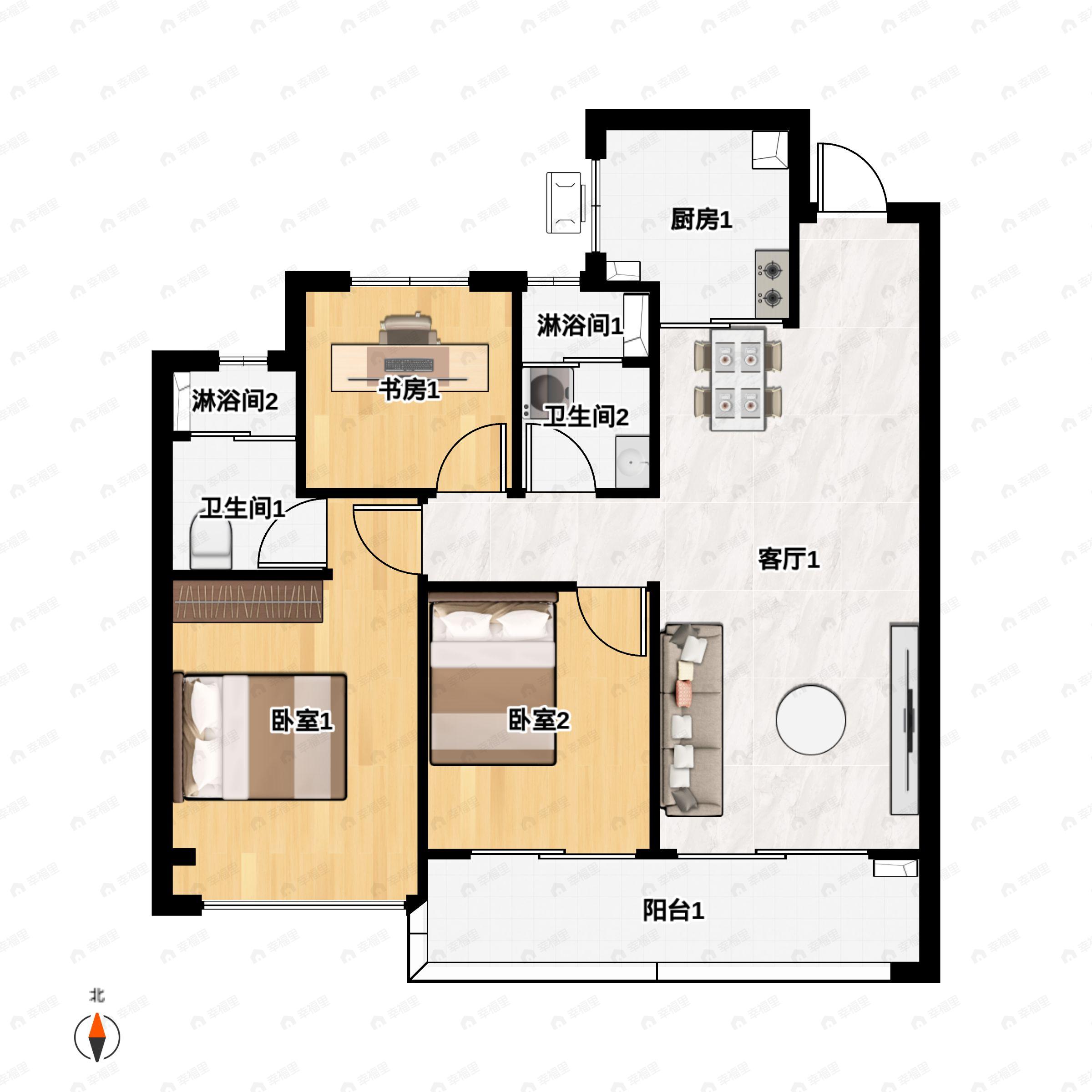 3室2厅2卫建面98m²南户型图