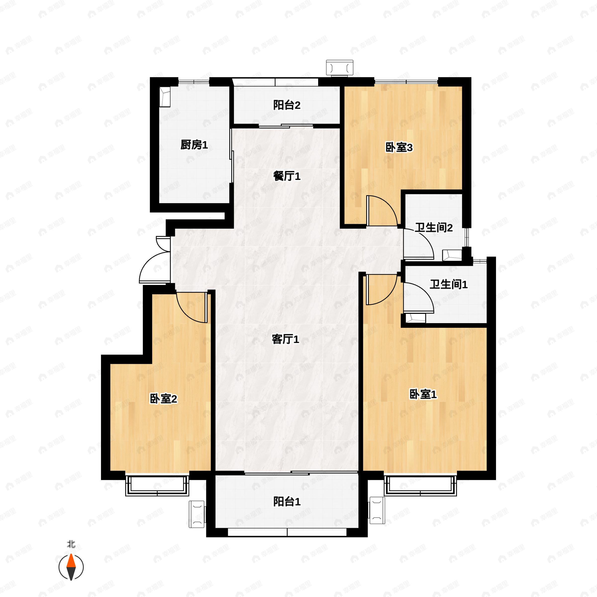 3室2厅2卫建面130m²南|北户型图