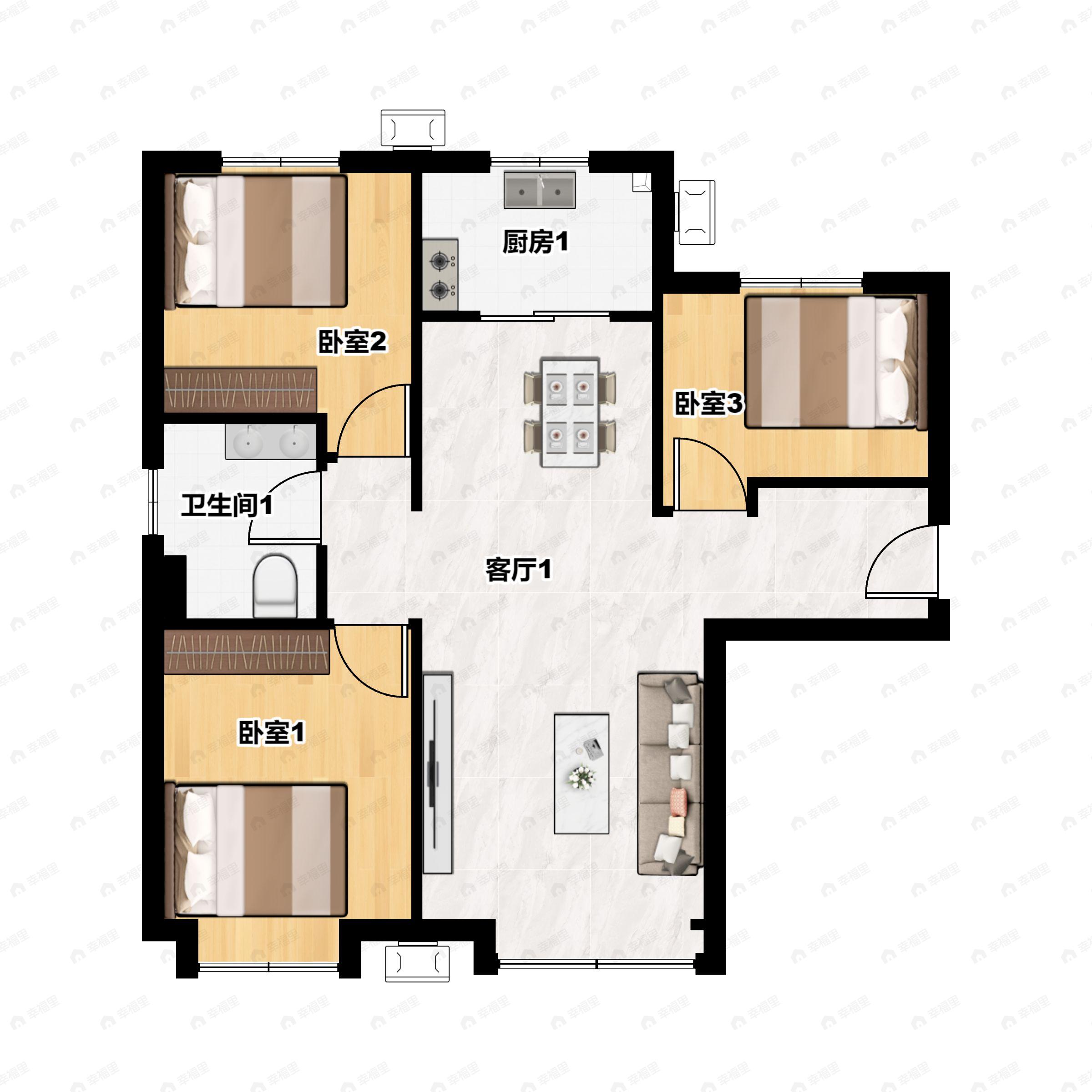 3室2厅1卫建面100平户型图