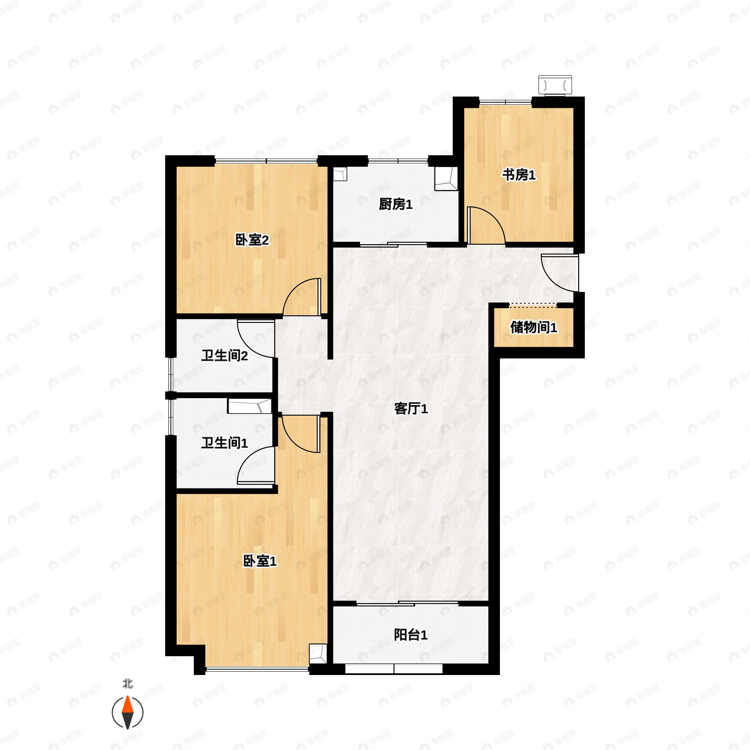 3室2厅2卫建面124平南|西|北户型图
