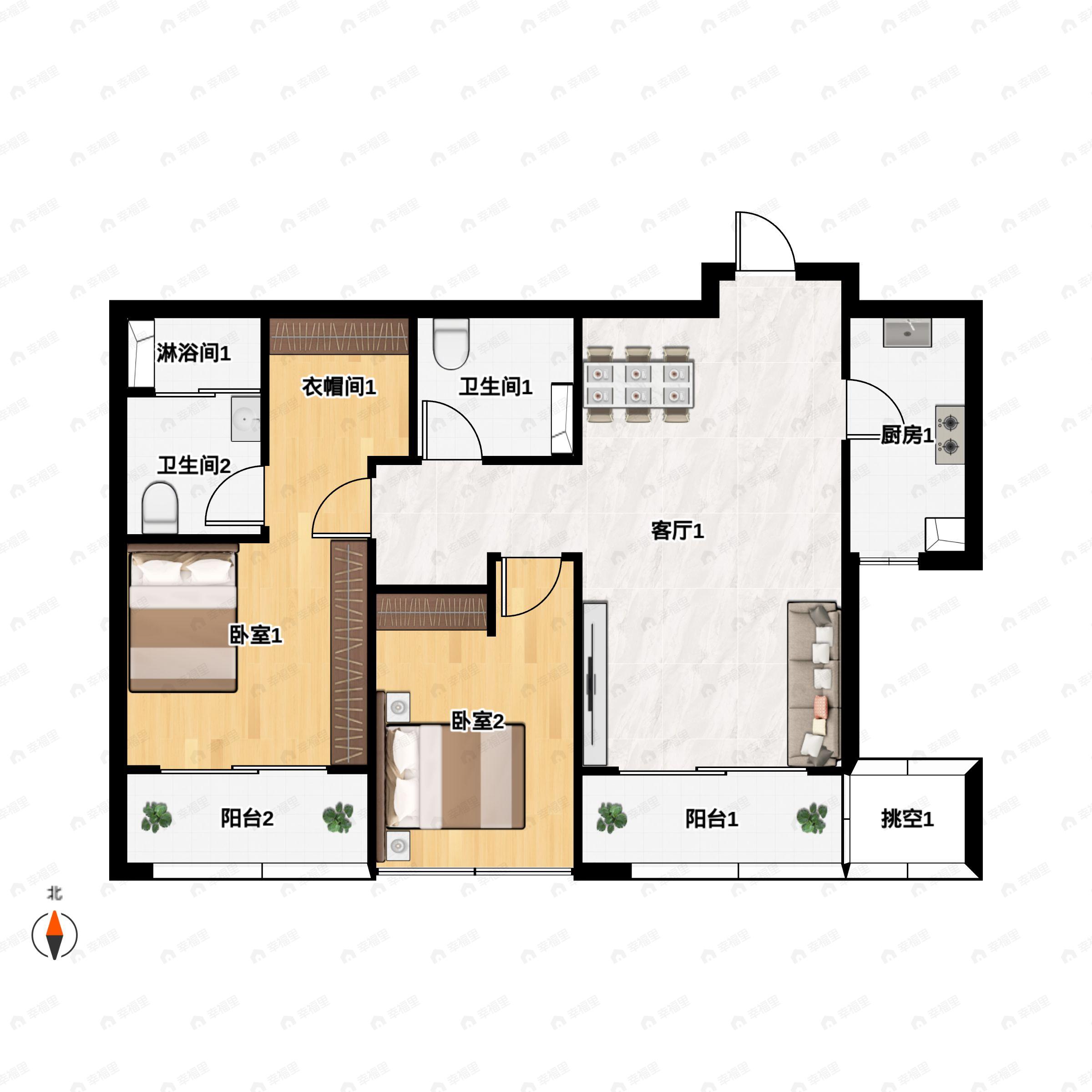 2室2厅2卫建面108m²南户型图