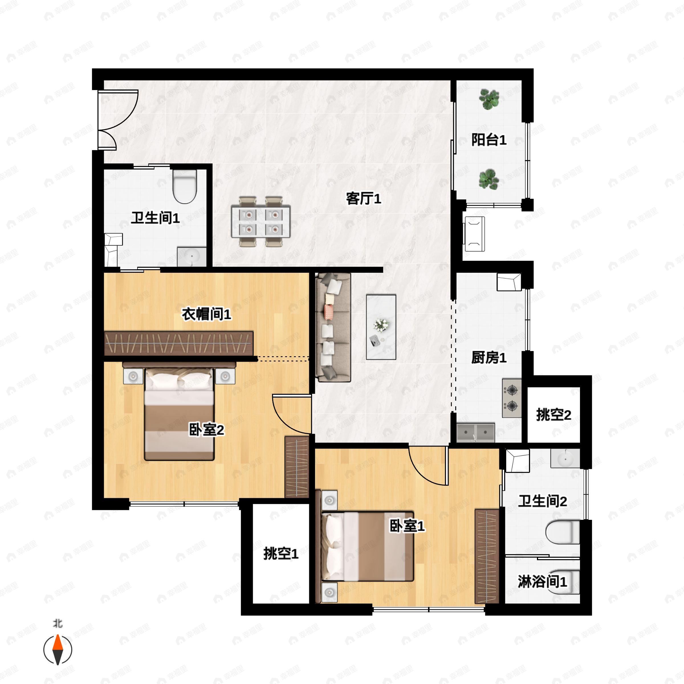 2室2厅2卫建面154平户型图