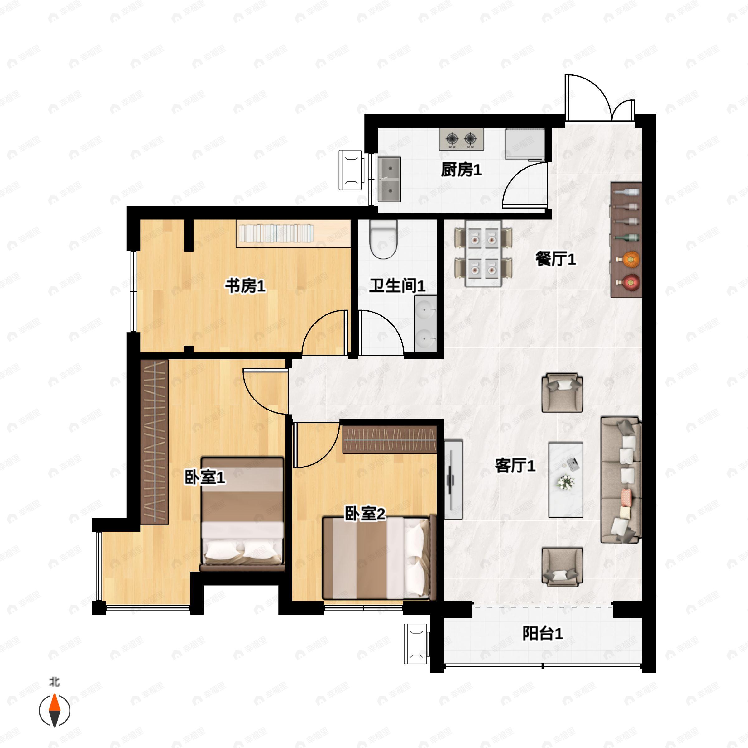3室2厅1卫建面110平南户型图
