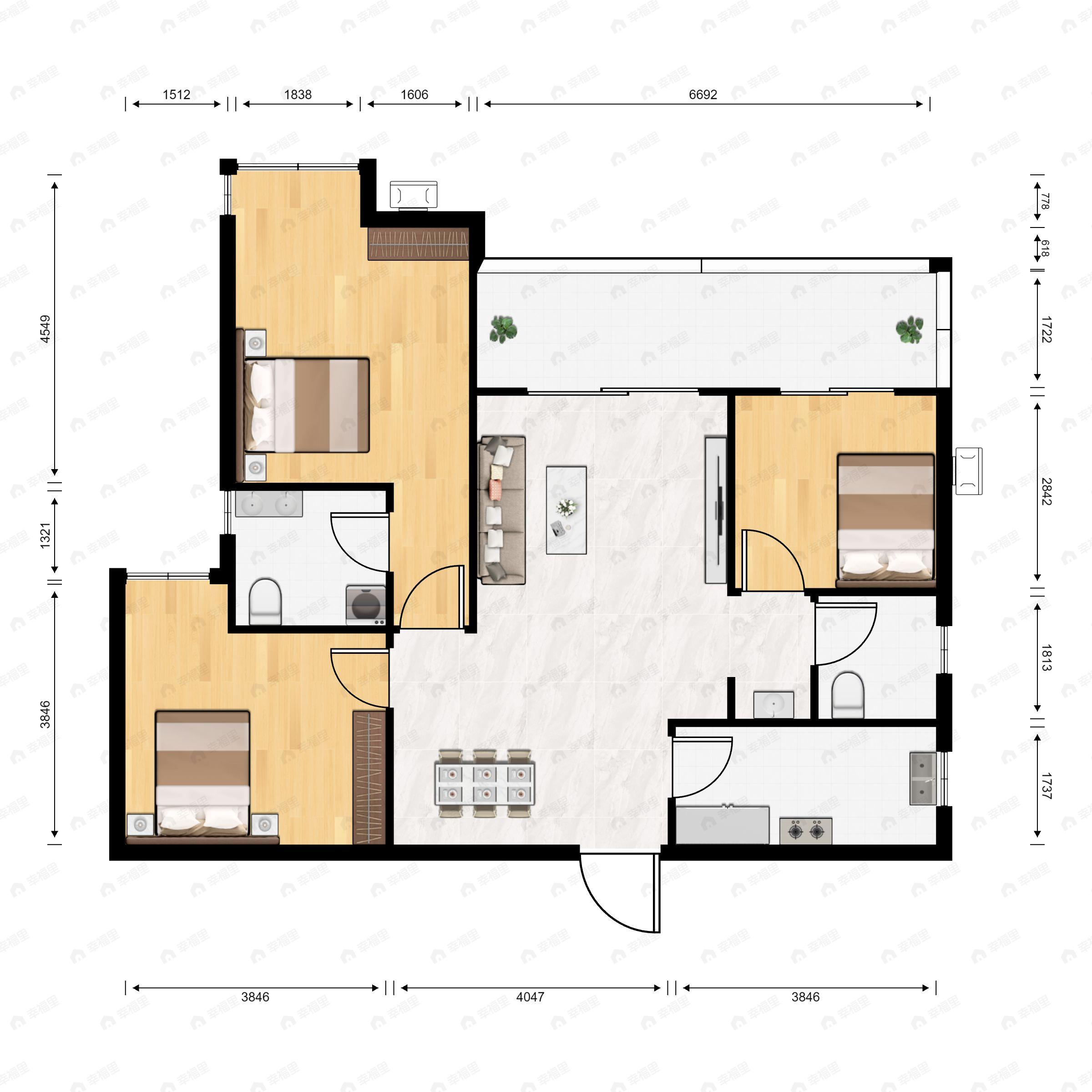 3室2厅2卫建面96m²东南|西南|西北|东北户型图