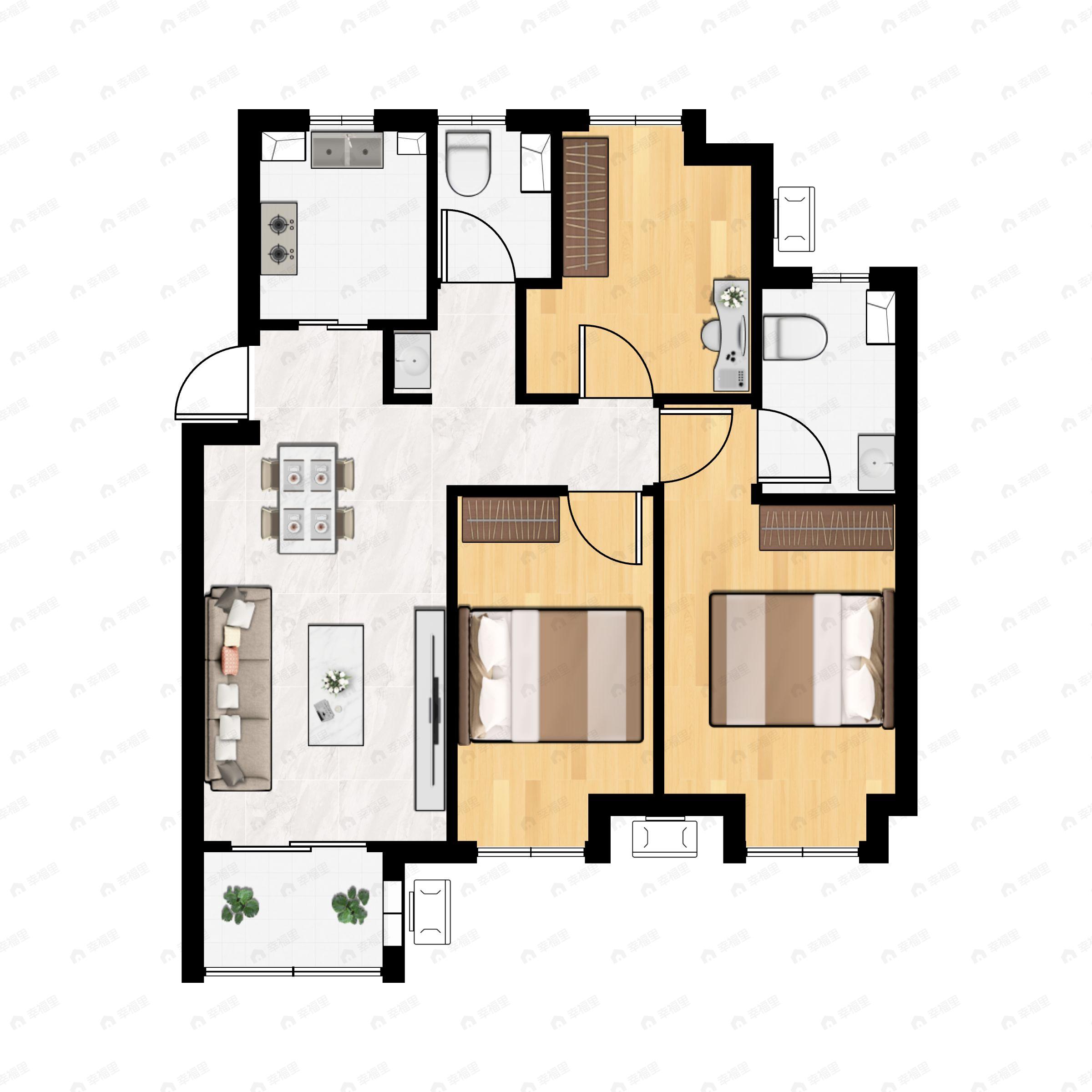 3室2厅2卫建面90平户型图