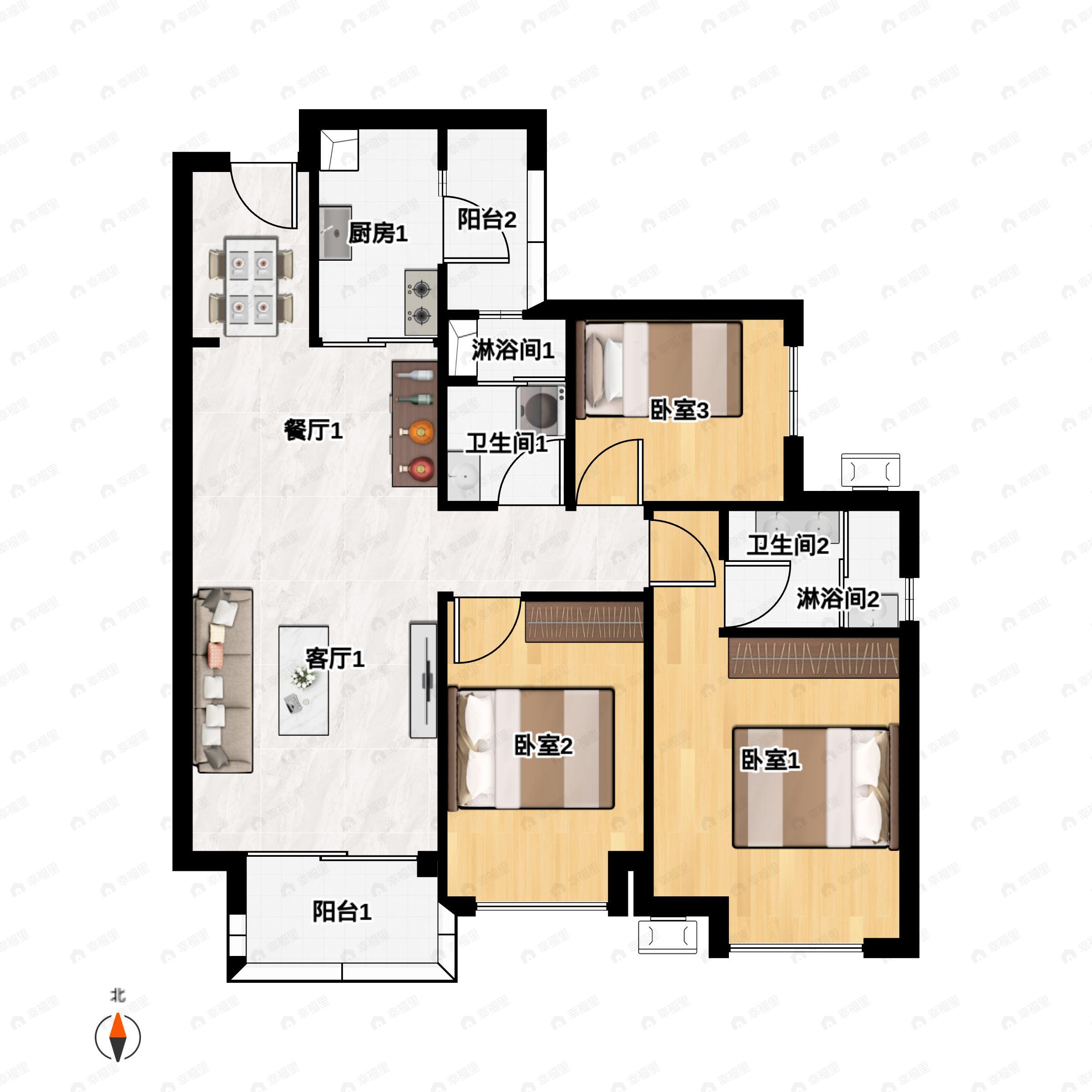 3室2厅2卫建面100平户型图