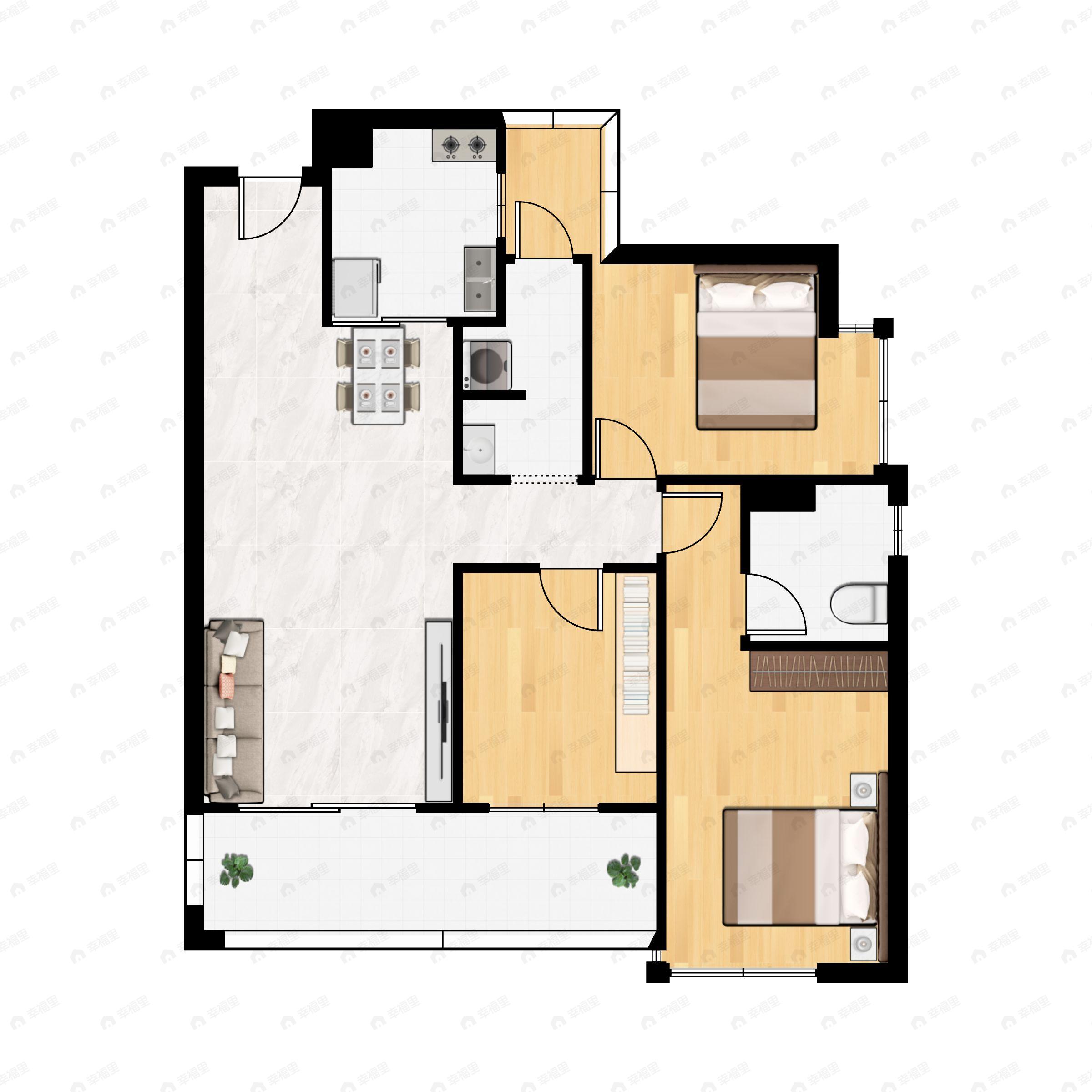3室2厅2卫建面108m²南户型图