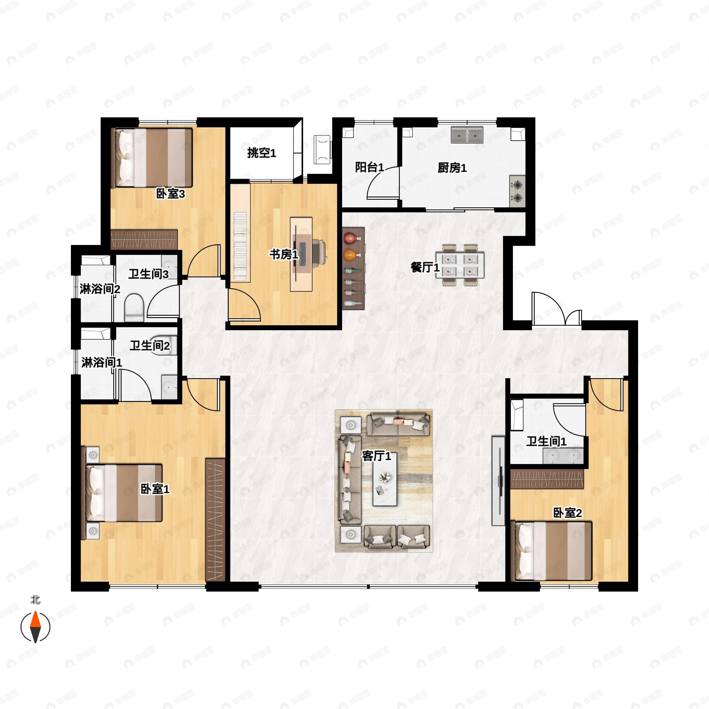 4室2厅3卫建面169平北|南户型图