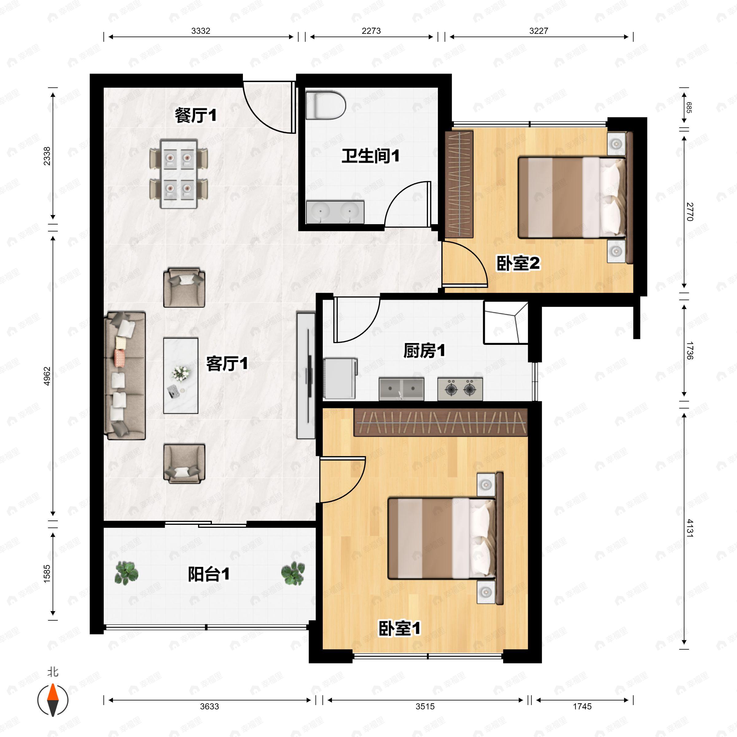 2室2厅1卫建面85平户型图