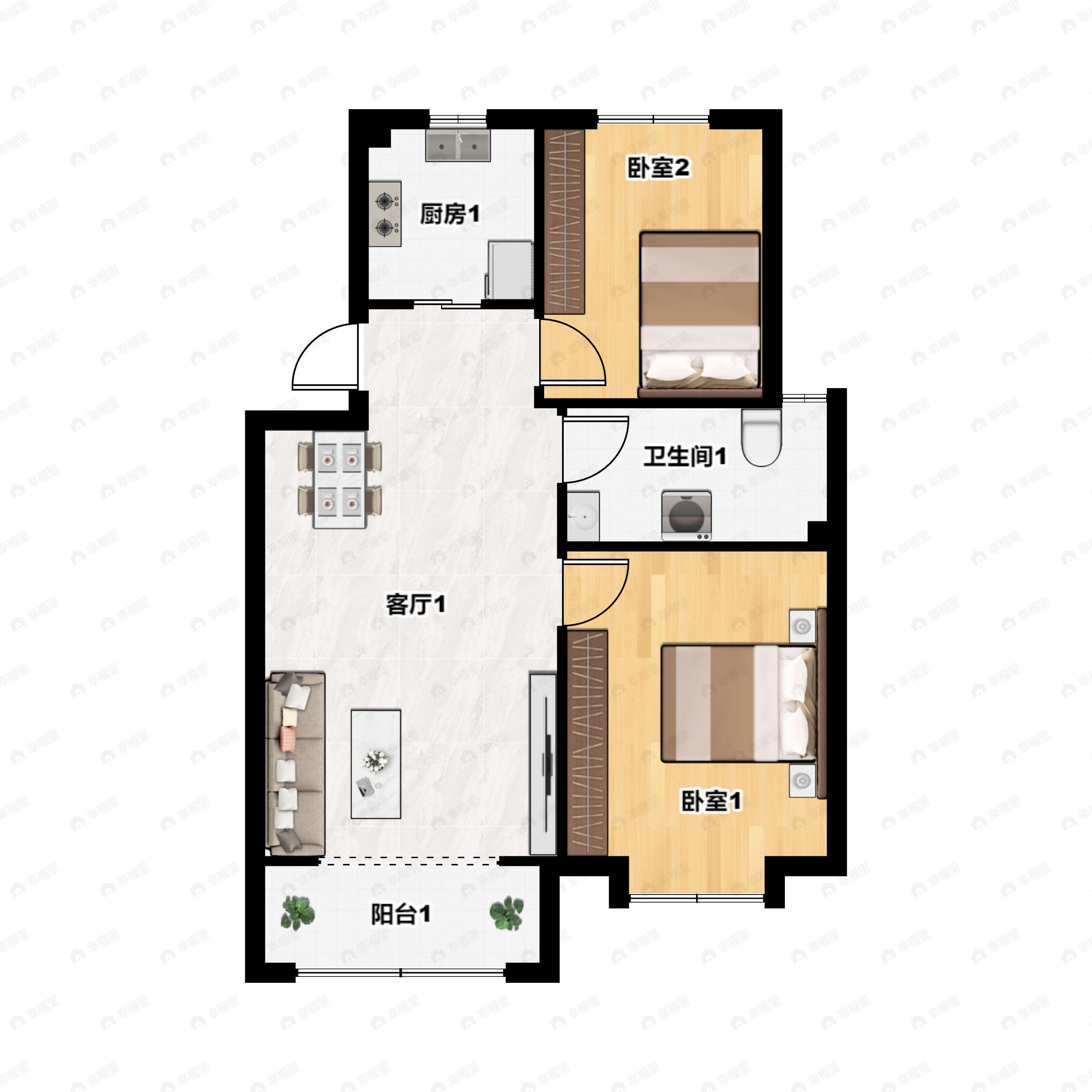 2室2厅1卫建面89m²南|北户型图